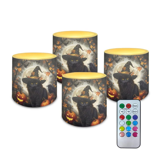 Merkmak 4Pcs Halloween Flameless Candles with 18-Key Remote Battery Operated Candles with Timer, Moon Black Cat Pumpkin LED Pillar Tea Lights for Party Banquet Home Decoration