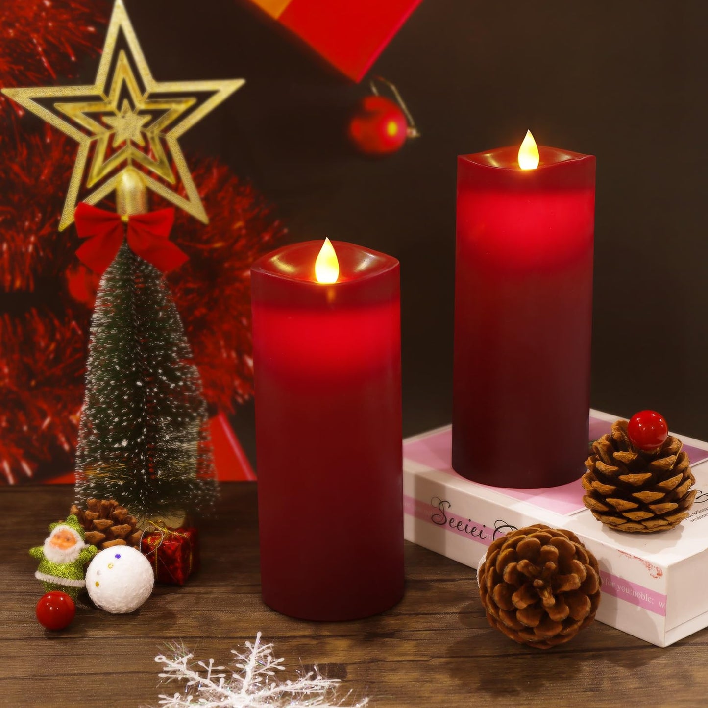 Enpornk 7” x 3” Flameless Candles, Flickering Moving Flame LED Candles, Battery Operated Candles with Remote and Timers, Burgundy, Set of 2