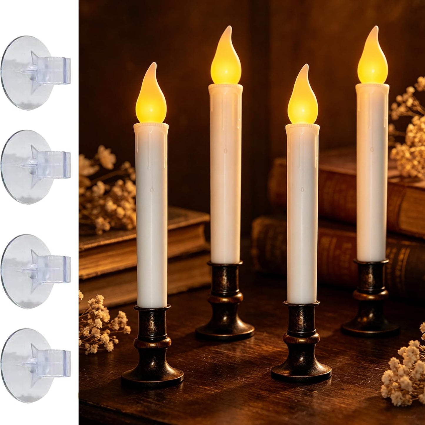 Xingzd 4 Pack Christmas Battery Operated LED Window Candles with Timer, 7.75" Teardrop Flameless Candle Lamp with 4 Suction Cups for Indoor Party Mantels Table Birthday Home Decor, Bronze