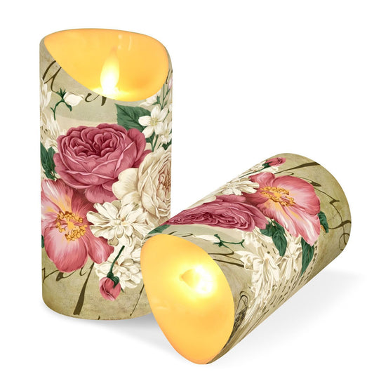 Flameless Candles Set of 2 Vintage Rose Floral Realistic LED Candles with Remote Battery Operated Holiday Decorations