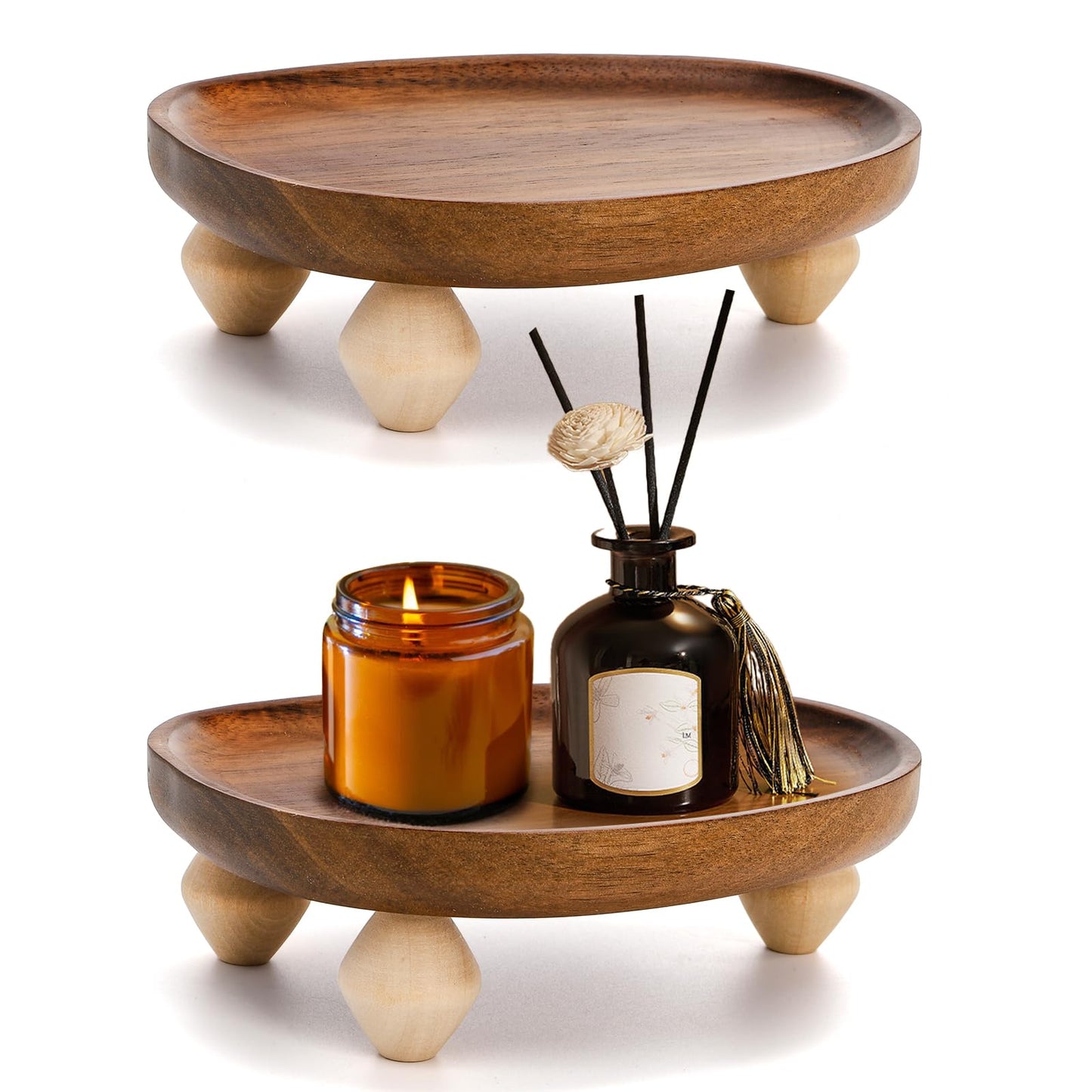 Dicunoy 2 Pack Acacia Wood Riser for Decor, 6" Small Wood Pedestal Display Stands for Kitchen Counter, Rustic Wooden Tray for Bathroom Counter, Tabletop Centerpieces, Entry Table, Farmhouse Decor