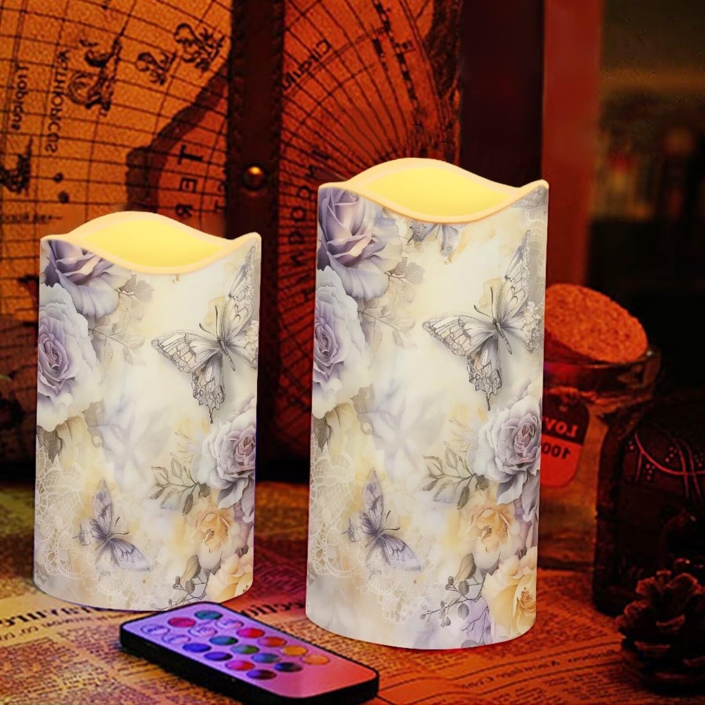 Cozeyat White Floral Flameless Candles 4 Pack Battery Operated LED Pillar Candles with Remote Control Timer Color Changing for Home Wedding Beach