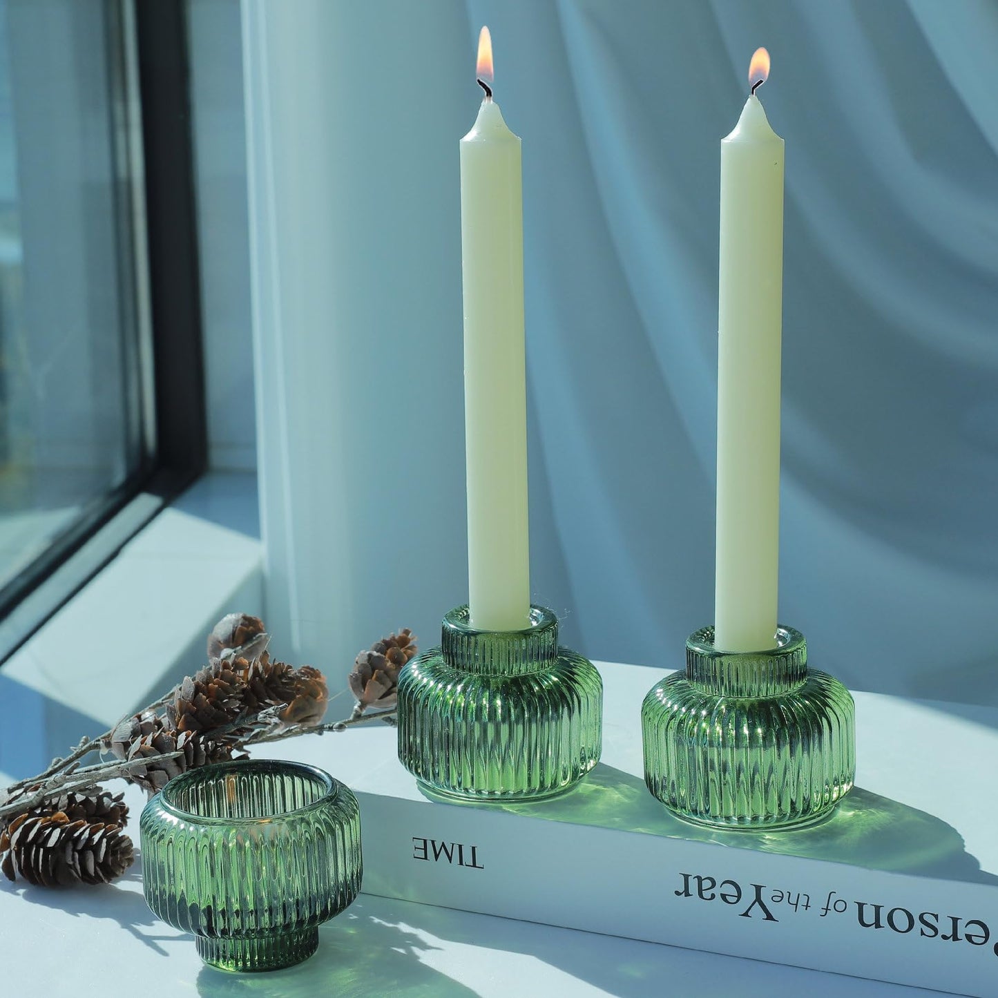 Woho Candlestick Holders Set of 4 for Taper Candles/Tea Lights, Green Ribbed Candle Sticks Holder Decor for Table Centerpiece, Reversible Taper Candle Holders Glass for Christmas Home Decoration