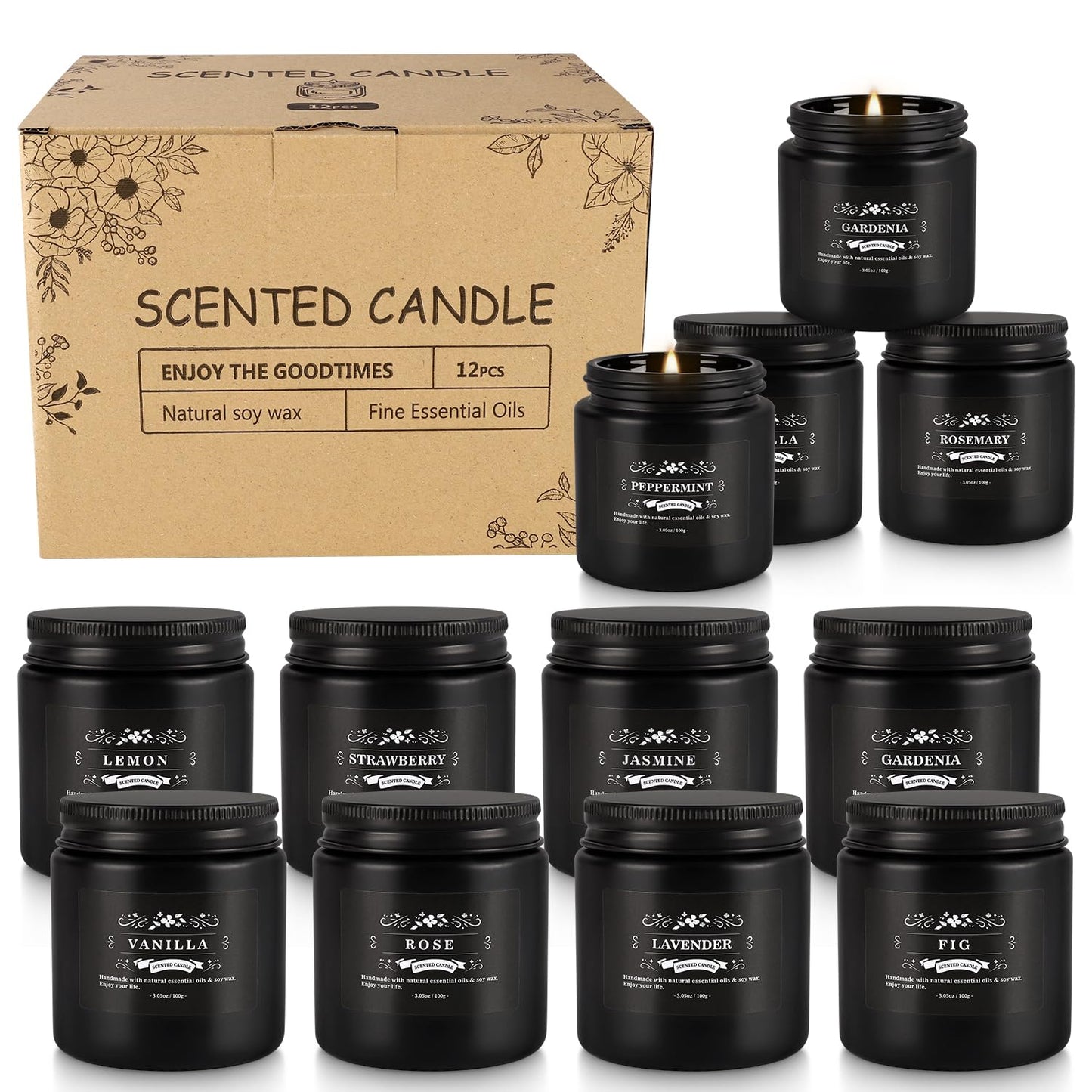 Howemon Scented Candle Set 12 Pack,Black, Candle for Home Scented, Odor Eliminating, Stress Relief, Long Lasting Soy Wax Gift Set