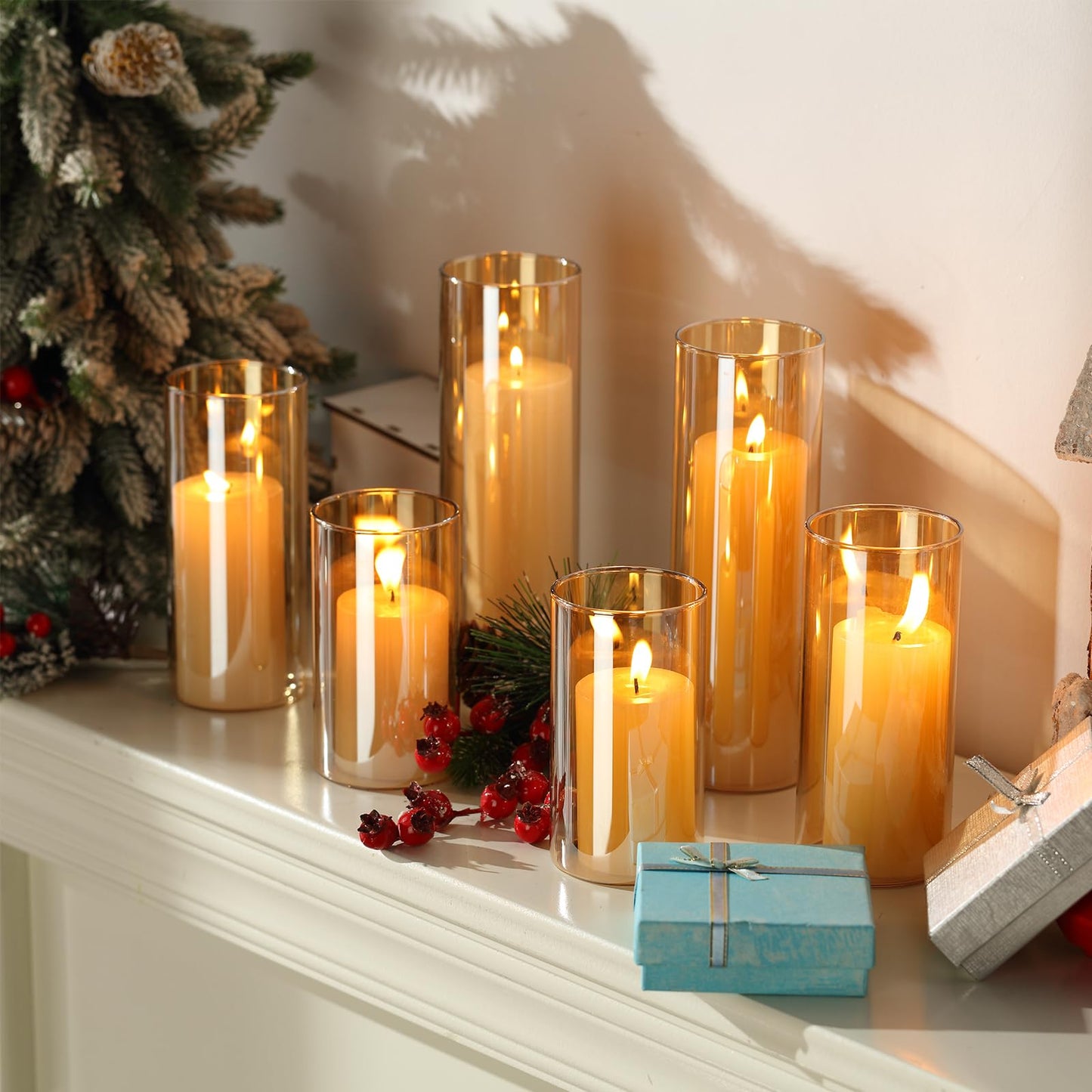 Shihanee 36 Pcs Pillar Candles and Glass Cylinder Vases Tall Cylinder Holders for Pillar Candles Wedding Centerpieces, Total 18 Sets(2.6'' X 4.7'', 5.9'', 7.9'',Amble,Ivory)