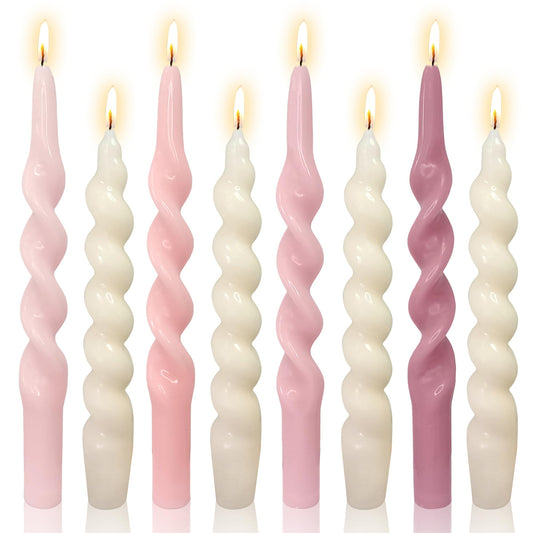 Gedengni 8pcs Pink and White Spiral Taper Candle Pink Candlesticks - 10inch Colored Candle Sticks White Twisted Tapered Candles for Home Décor Weddings Festive Seasons Holiday