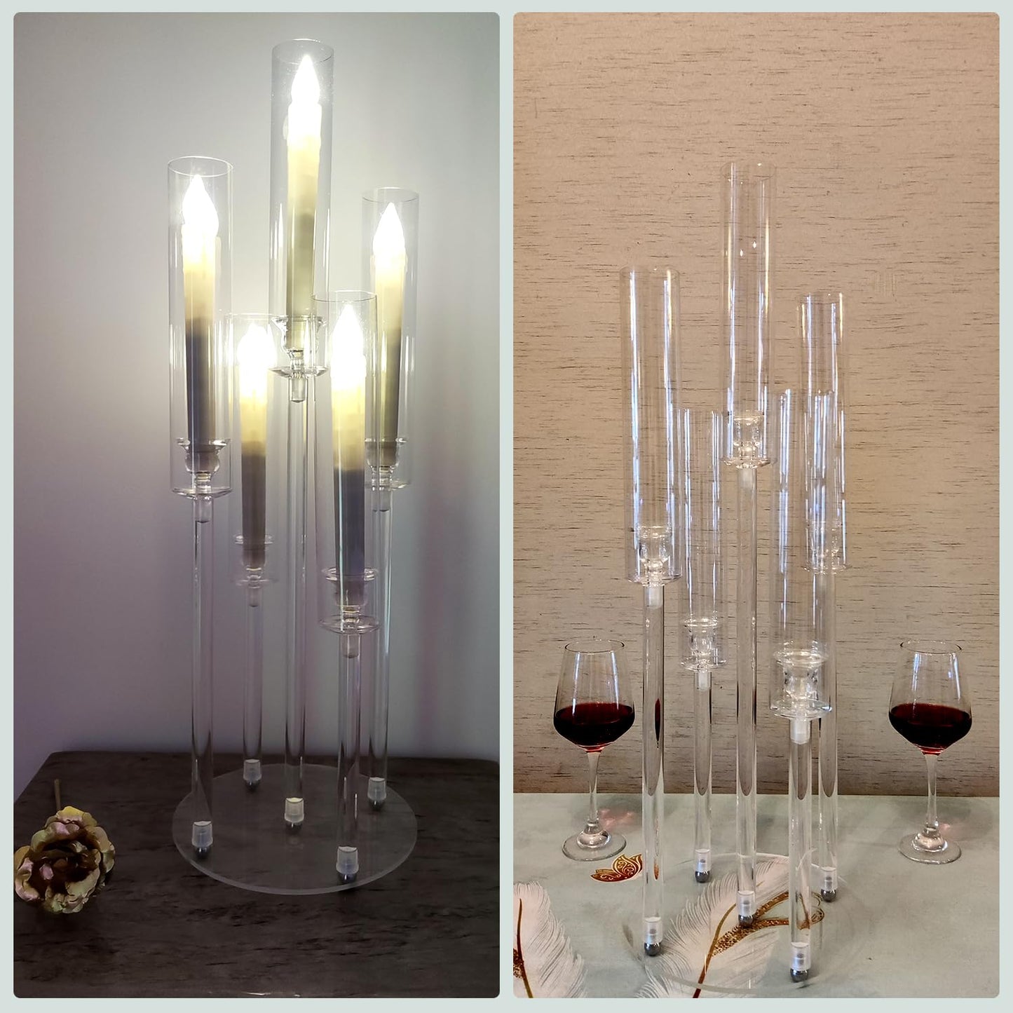 2Pcs Acrylic Candelabra Centerpieces for Wedding,Clear Crystal 5 Arm Candlesticks Holder with Acrylic Shade for Valentine's day Dinner Party Fireplace Gift Fit 0.87 LED Candle