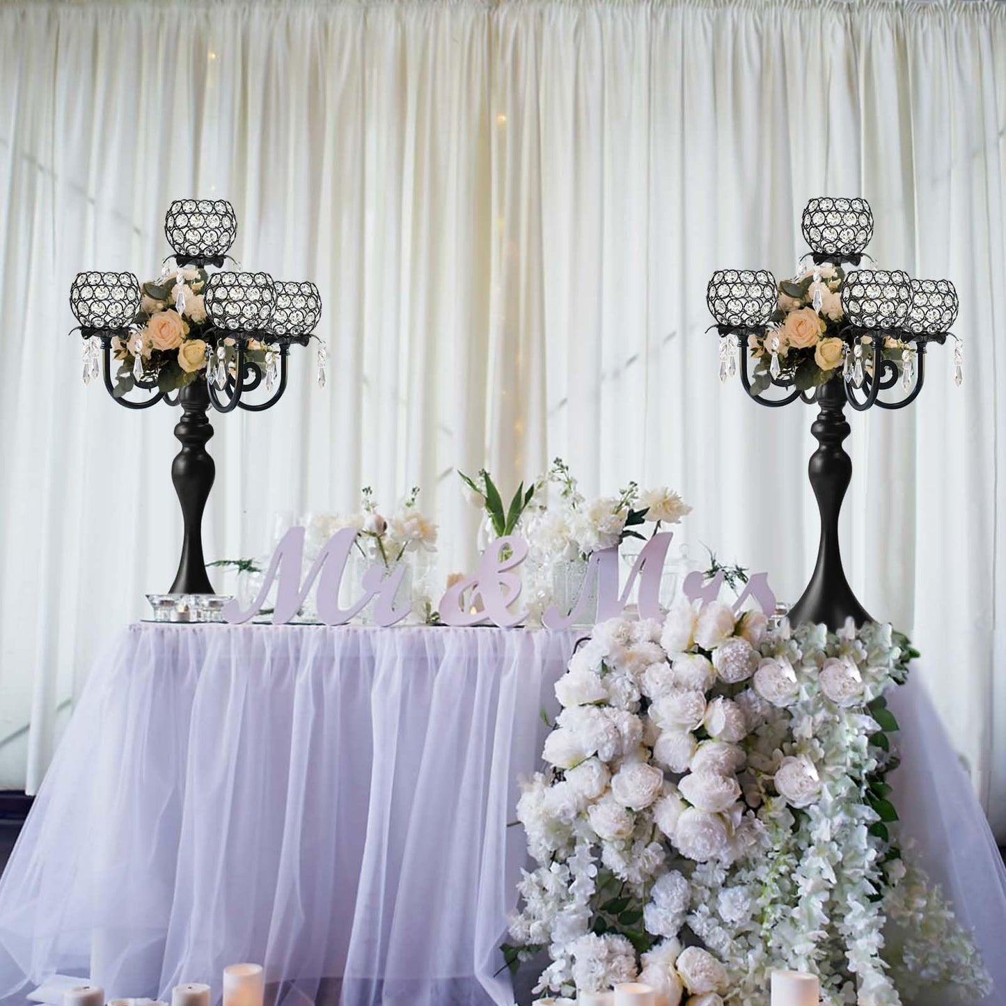 Kehail Crystal Tea Light Candle Holders Set - 14" L x 22.5" H Matte Black Metal & Sparkling Accents, Wedding & Party Centerpiece Decor(2, Black)