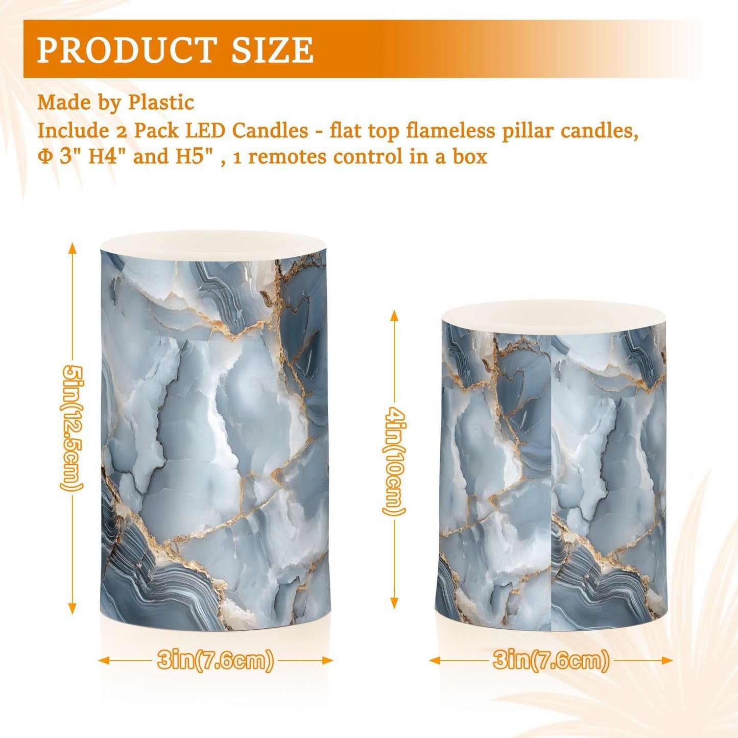 zyrtty 2 Pack Plastic Flameless Candles Dark Blue White Gold Marble Battery Operated with Remote and Timer Real Wax LED Flickering Pillar Candles Set Window Christmas Holiday Decor