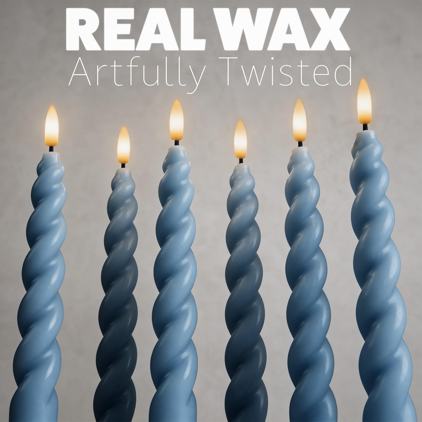 WYZworks 10" Flameless LED Taper Candles – Full Twisted Spiral – Dusty Blue, Set of 6 – Remote, 2/4/6/8-Hr Timer (24-hr Memory), Bottom On/Off Button, Dimmable, Battery Operated, Flicker/Steady