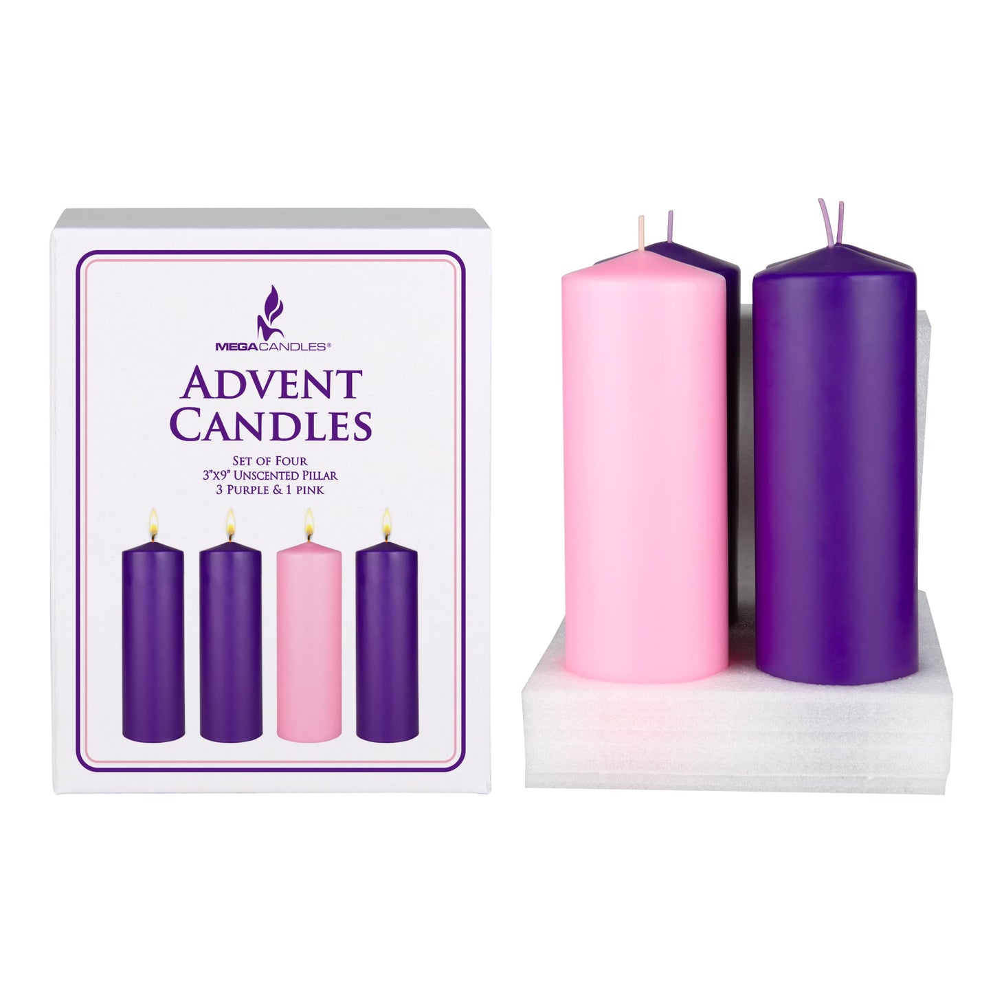 Mega Candles 4 pcs Unscented Christmas Advent Candles Set, Hand Poured Premium Wax Dome Top Round Pillar Candle 3 Inch x 9 Inch, Holidays, Festivities, Devotional, Church, Wreath, Party, Gifts