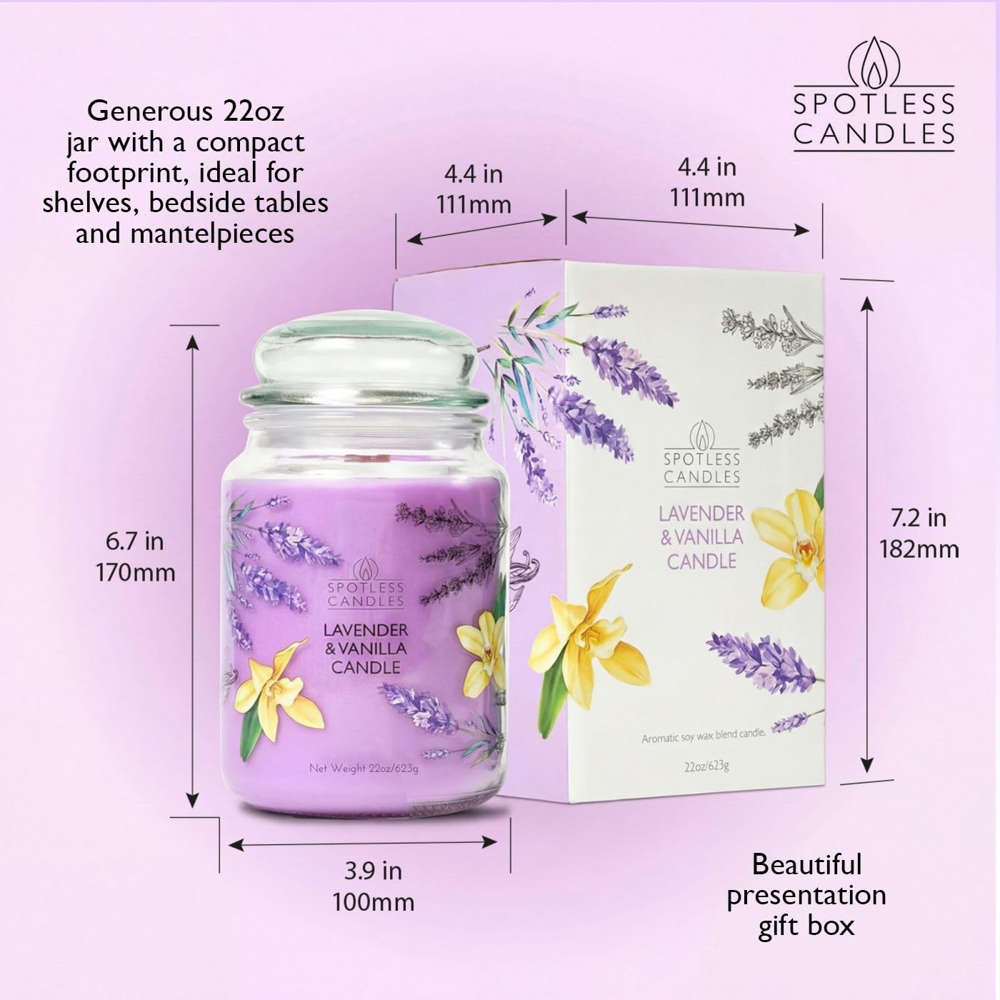 Spotless Leopard Vanilla & Lavender Candle 22oz Glass Jar with Wooden Wick in a Decorated Jar Within a Presentation Gift Box and Protective Shipping Box