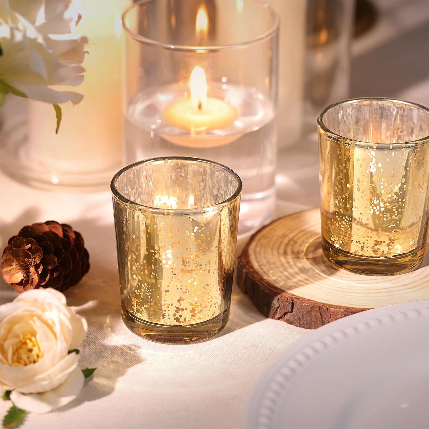 LETINE 48pcs Gold Votive Candle Holders – Glass Tea Light Candles Holder, Standard Votive Size for Regular Votive Candles – Bulk Candle Holder for Party Decorations, Bridal Shower, Holiday Decor