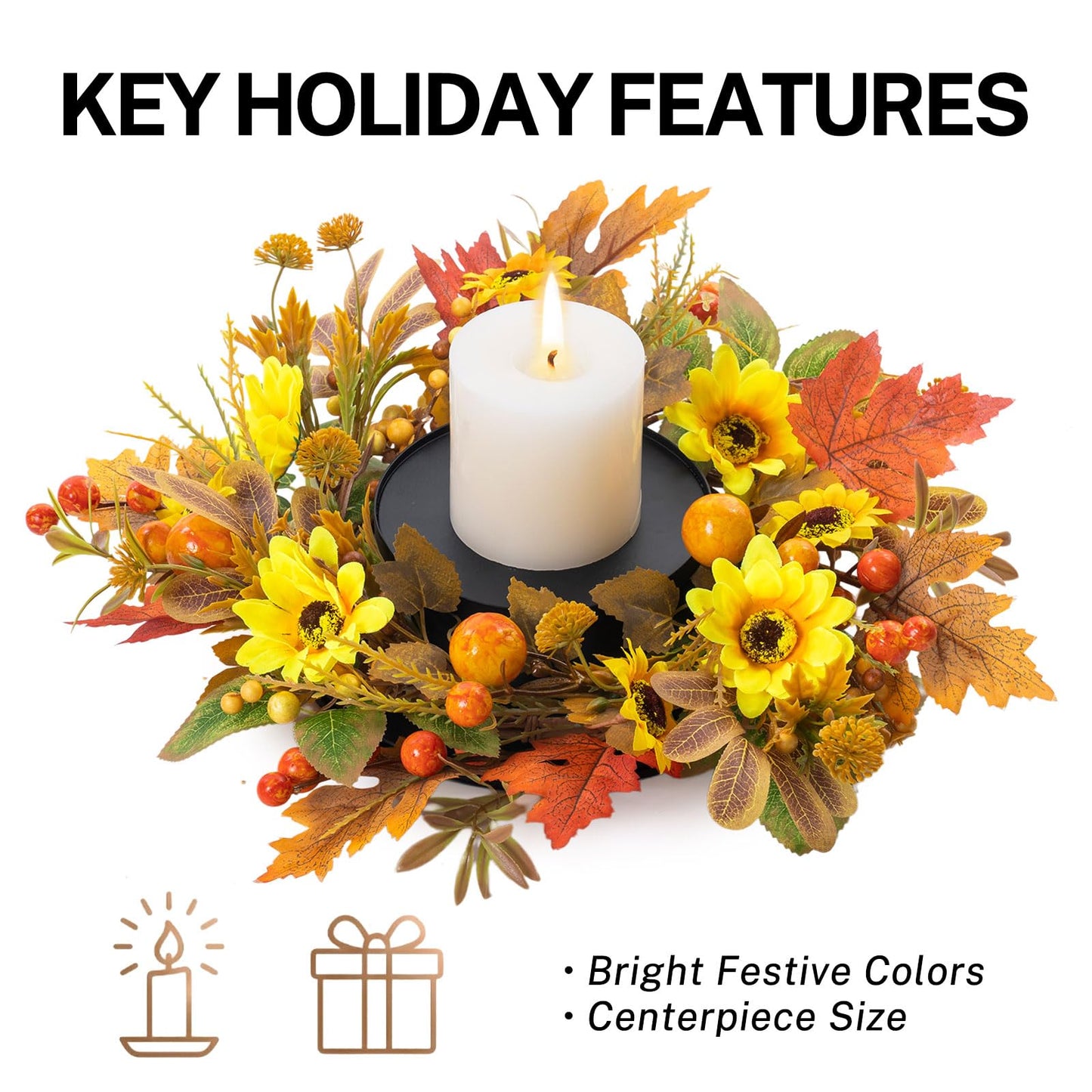 MOYEE Autumn Candle Holder Centerpieces for Tables,Candle Ring, Black Metal Candlestick with an Artificial Wreath 14 in Versatile Dining Table Centrepiece (Yellow Sunflower Wreath)