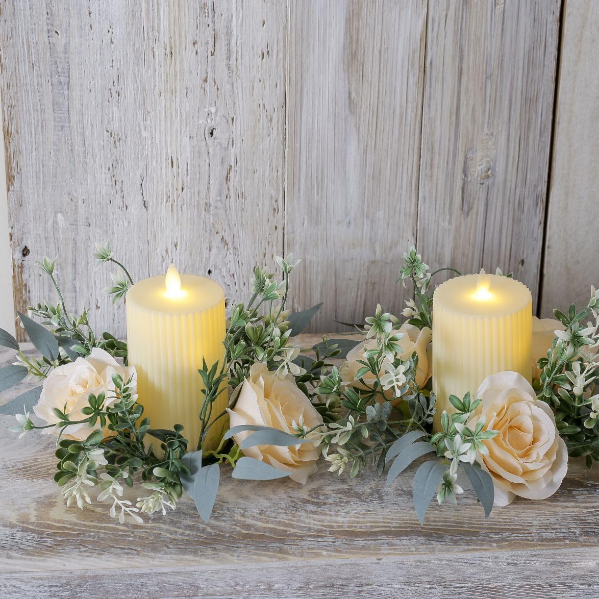 Youshe 4 Pcs Artificial Rose Candle Ring, Valentine's Day Candle Rings Wreaths Mini Floral Garland Wedding Table Pillar Centerpiece for Xmas Home Farmhouse Party Candle Holder Décor (Champagne)