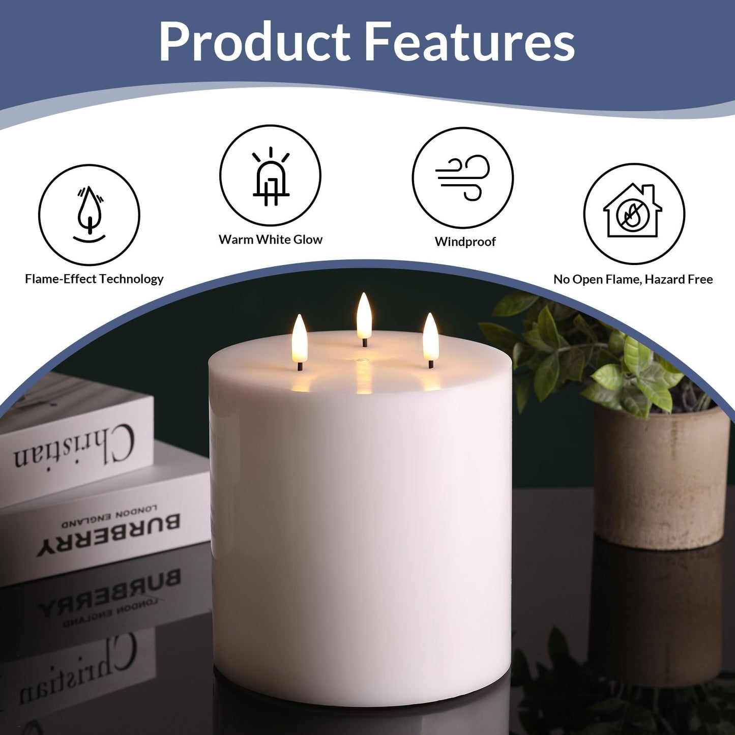 Eywamage White 3 Wick Flameless Pillar Candle Φ 6" H 6", Giant Real Wax Flickering LED Candle with Remote