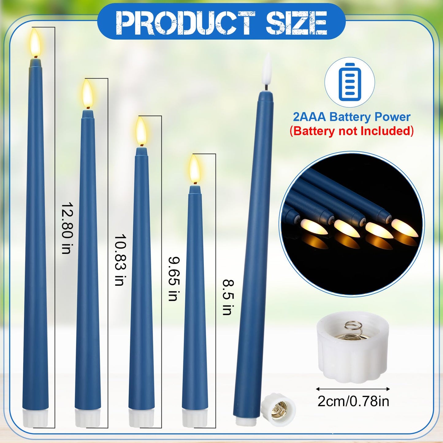 Rossesay 24 Pcs Flameless LED Taper Candles Battery Operated Candle 8.5", 9.65", 10.8", 12.8" Flameless Candlesticks Flickering for Christmas Church Wedding Indoor Decoration(Classic, Blue)