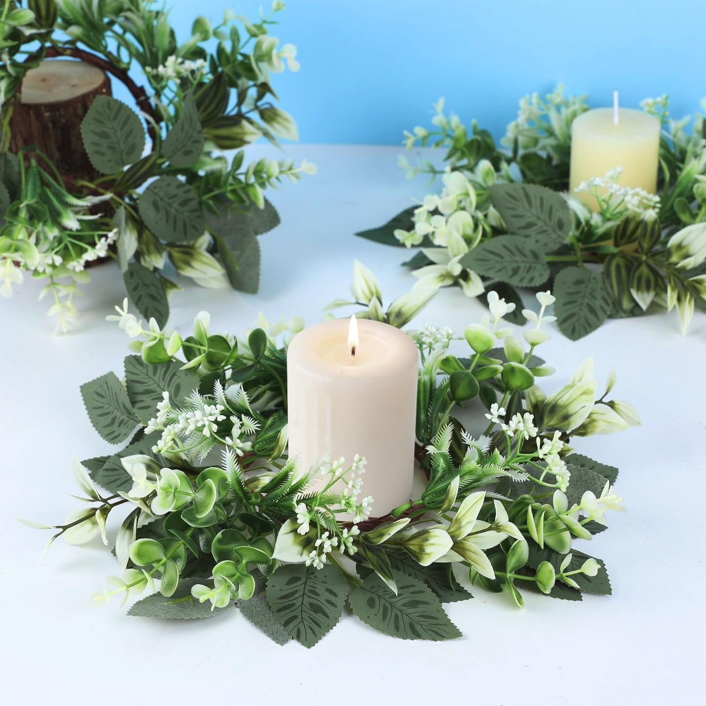 4 Pcs Eucalyptus Candle Ring 4 Inch Center Mini Kitchen Cabinet Wreaths Artificial Small Green Leaves Wreaths Garland Pillar Holder for Home Door Window Farmhouse Wedding Party Table Centerpiece Decor