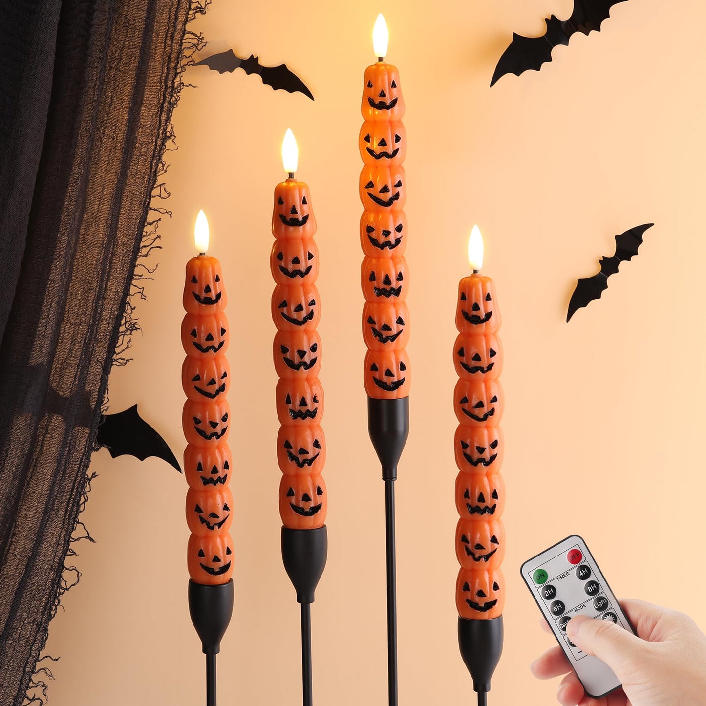 Eywamage Halloween Flameless Taper Candles with Remote, Orange Pumpkin LED Candlesticks Battery Operated Flickering Real Wax Set of 4