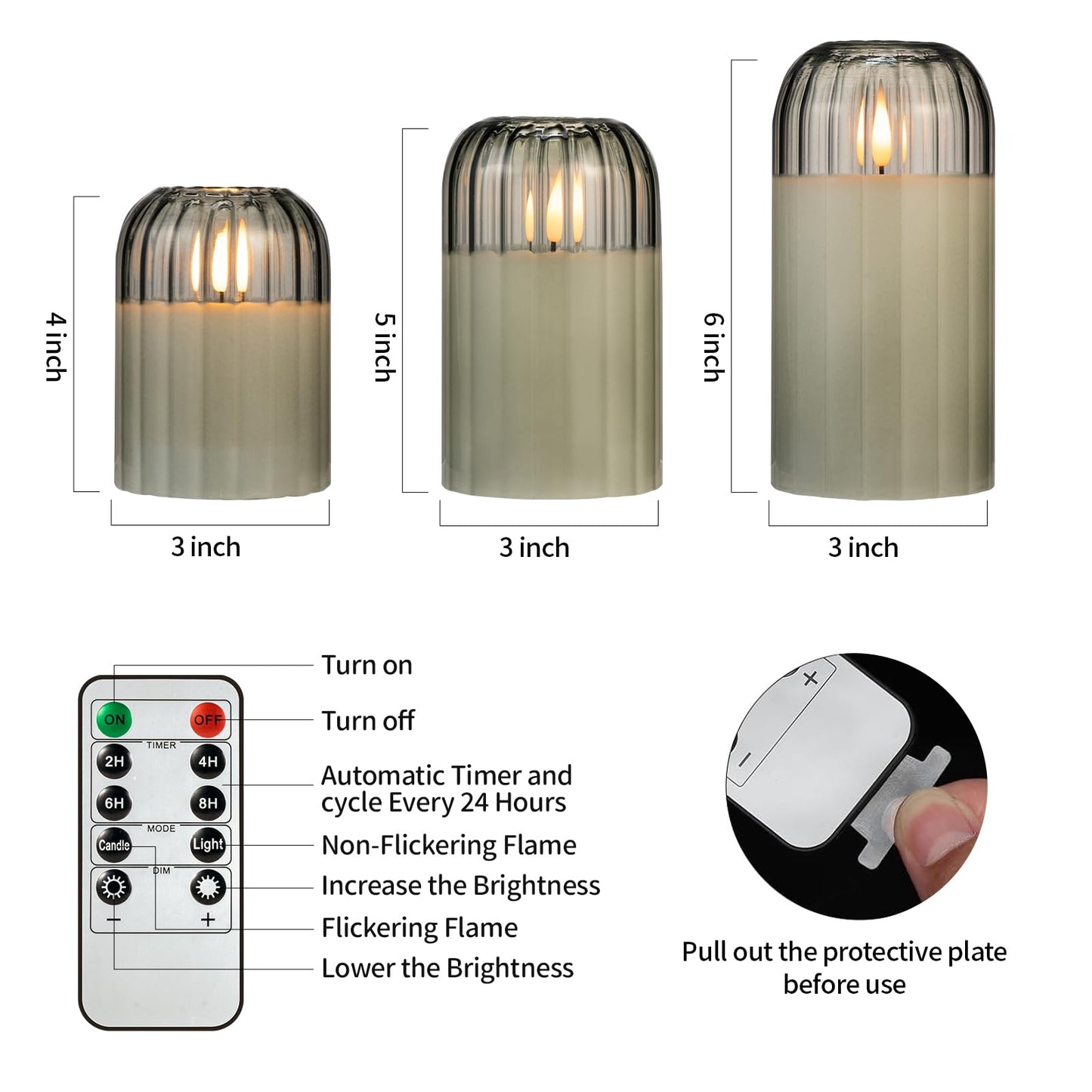 Ribbed Glass Battery Candles - FLameless Candles with Remote, Sage Green LED Candles with Timer, Warm Light, Lasting 350 Hrs and Brightness Adjustment, Φ 3" H 4" 5" 6", Set of 3 for Christmas Decor