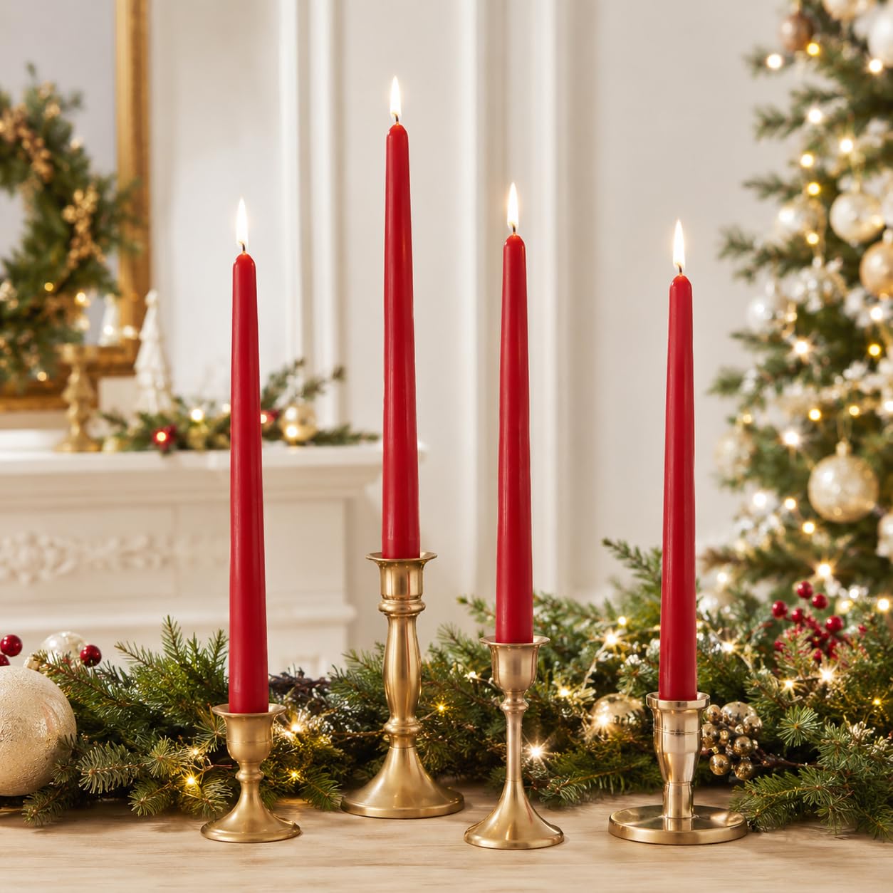 Deep Red Taper Candles Set of 4, 10 Inch Handmade Candle Stick, Unscented Candlesticks, Tapered Candles for Wedding Dinner Table Home Decor
