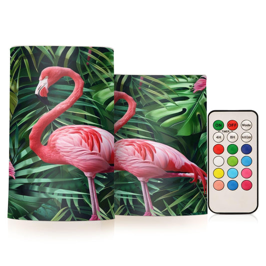 ALAZA Flamingo Palm Leaves Flameless Candles, LED Pillar Candles with Remote Timer, Battery Operated Candles Set of 2