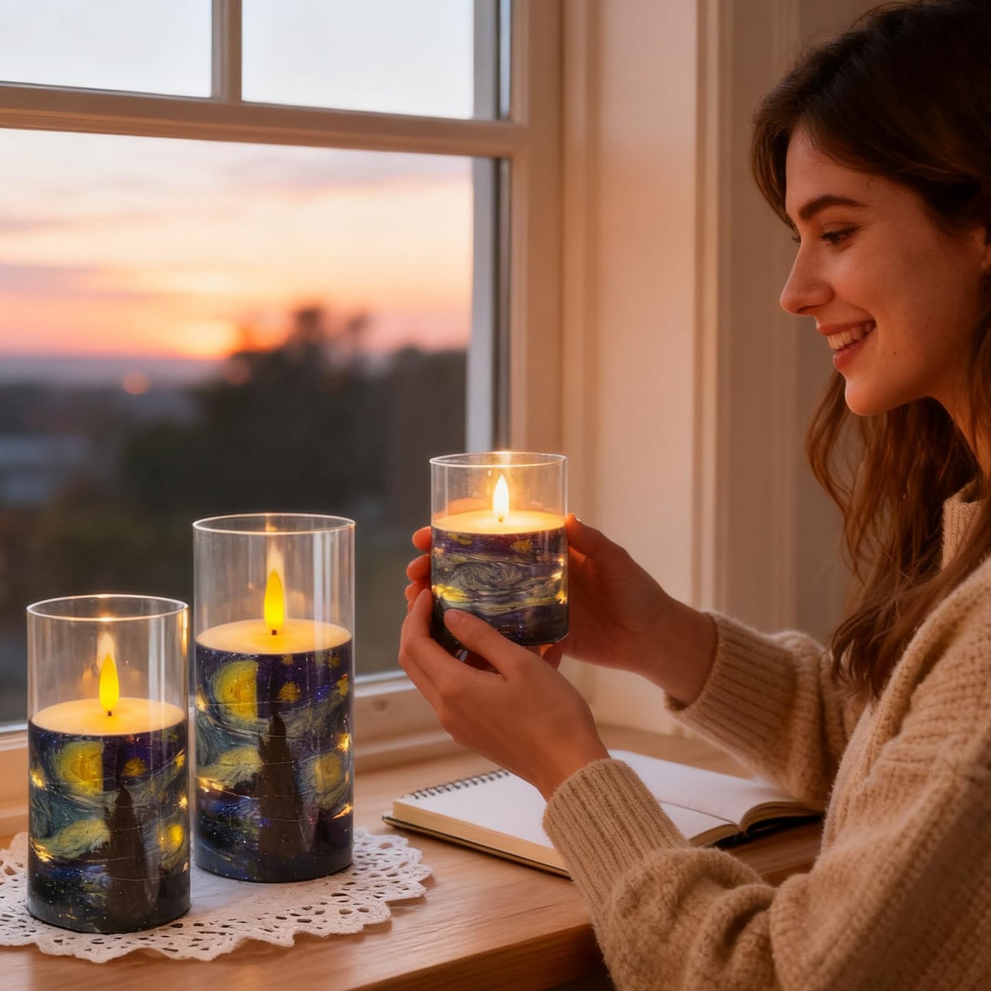 NjaoHoo Flickering Flameless Candles, Recessed String Light LED Candles Acrylic Battery Operated LED Pillar Candles Van Gogh Art Painting Style for Home Decor Set of 3(Starry Night Printed)
