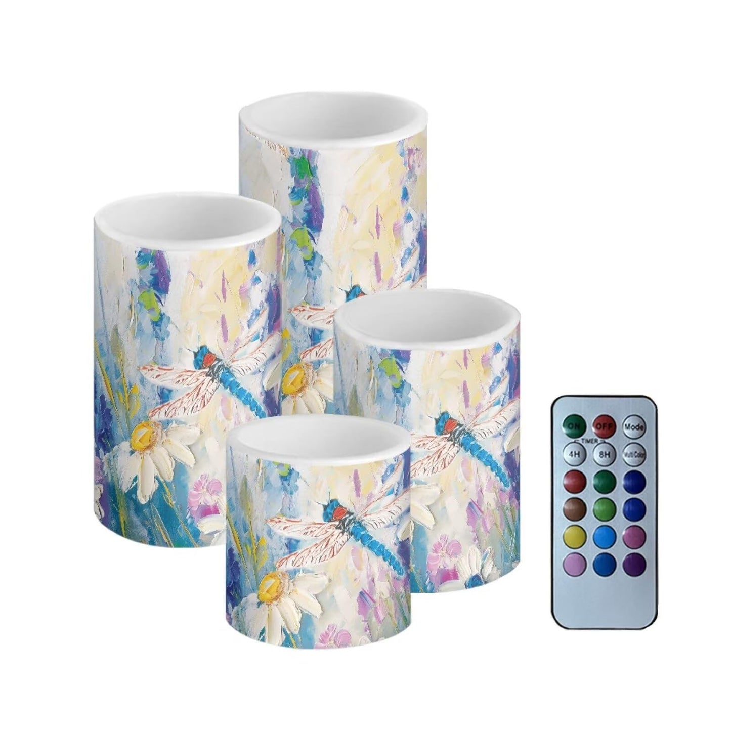 Cozeyat Dragonfly Garden Flameless Candles 4 Pack Battery Operated LED Pillar Candles with Remote Control Timer Color Changing for Home Wedding Garden