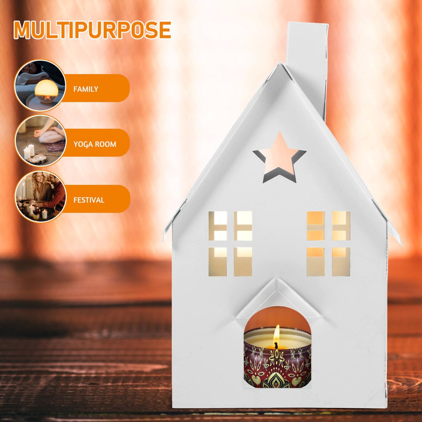 Tea Light Holder White House Shape Candle Holder Rustic Candlestick Tea Light Stand Votive Candle Lantern for Home Christmas Dining Table Decor Farmhouse Galvanized Candle Holder