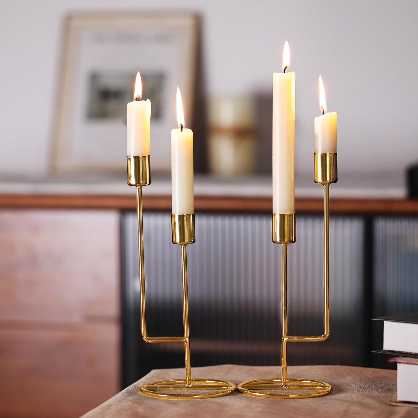 HAVITI Double-Headed Candle Holder, Gold Tall Candlestick Holder, Set of 2 Taper Candle Holders for Halloween Christmas Wedding Centerpiece Dining Fireplace Mantle Home Decor