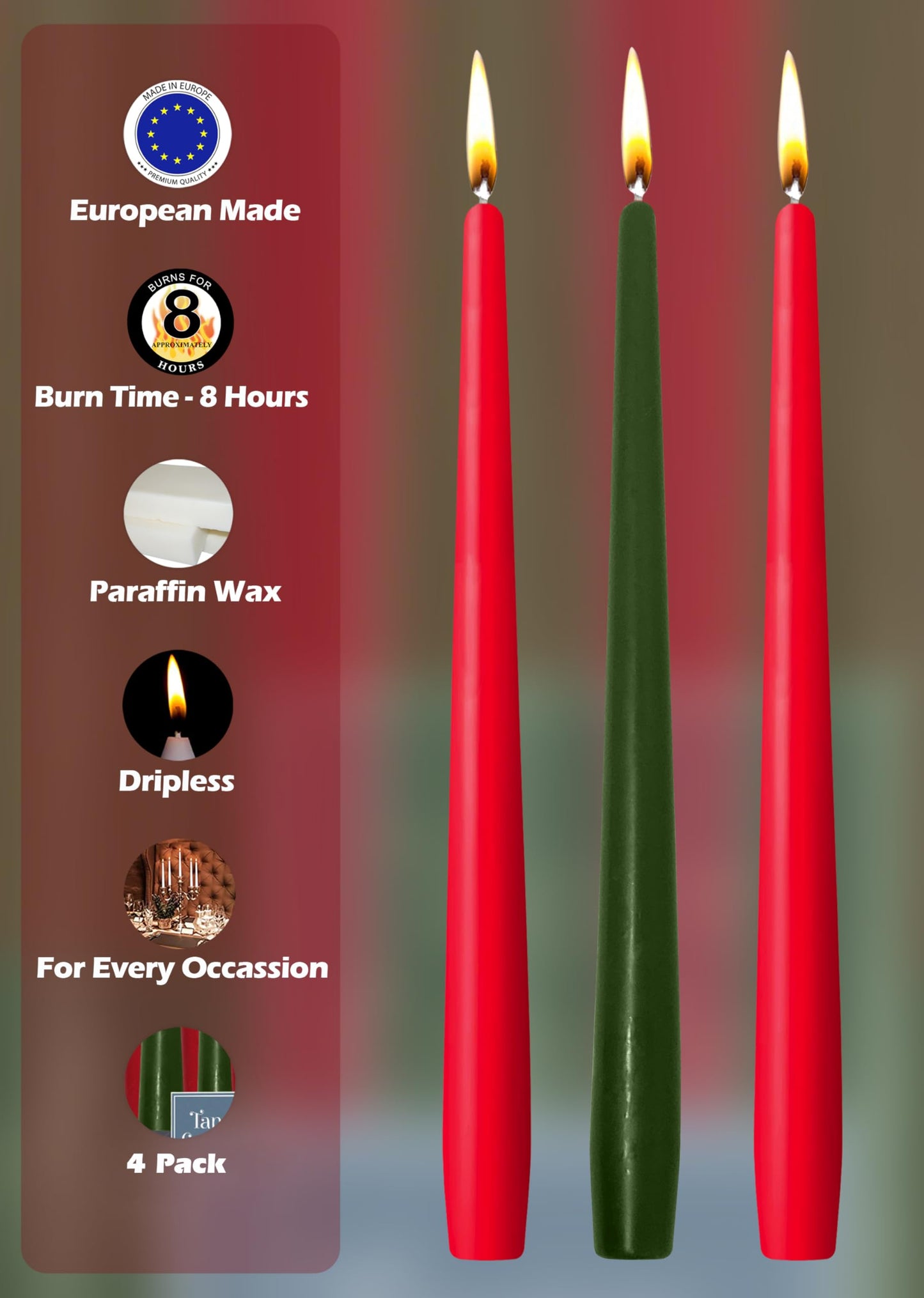 Hyoola Christmas Candles - Green and Red Taper Candles 10 Inch Dripless - 4 Pack Unscented Holiday Candles - European Made