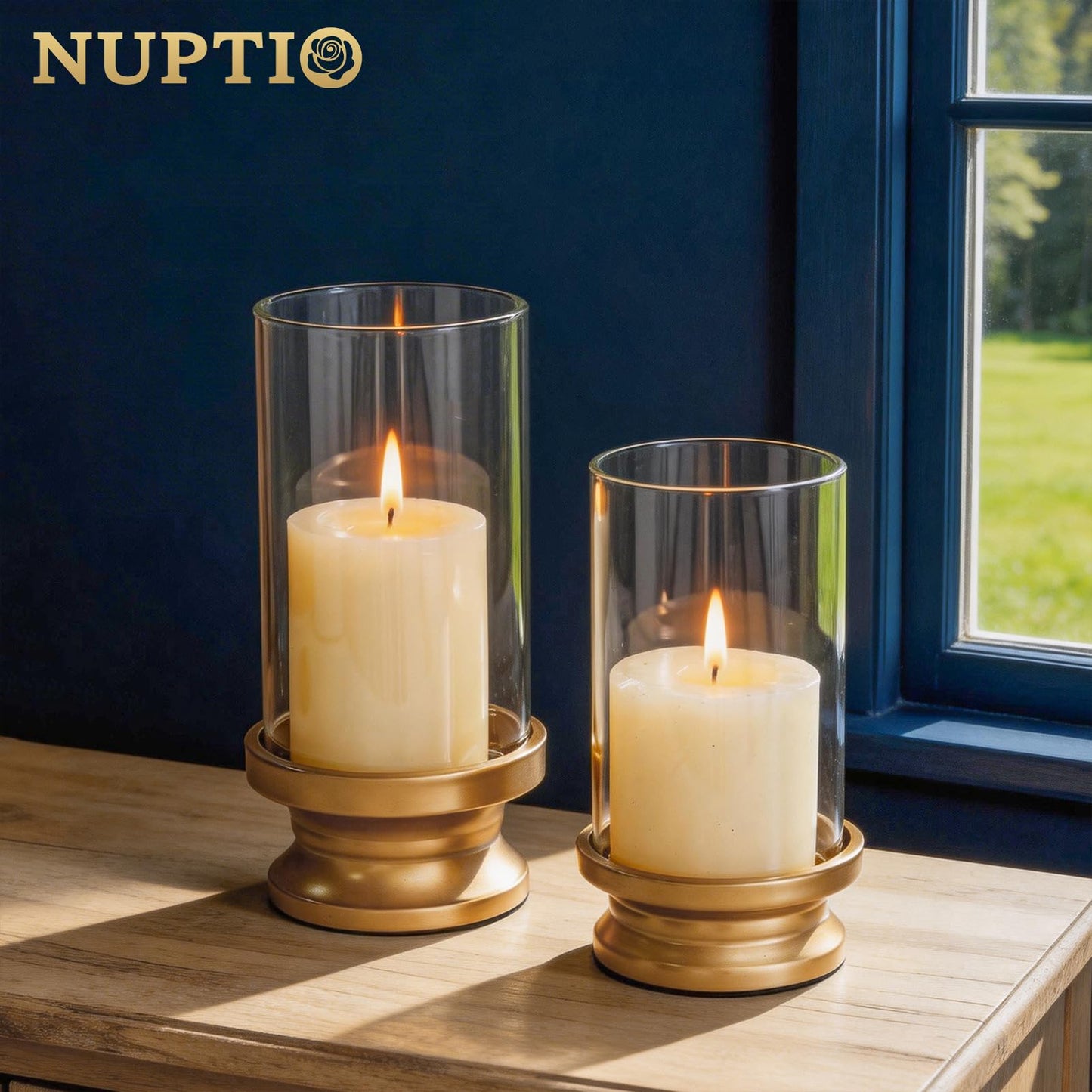 NUPTIO Hurricane Candle Holder Gold: Pillar Candle Holders with Clear Glass Sleeve - Set of 2 Decorative Brass Metal Pillars Stand for Dining Table Centerpiece Shelf Fireplace Mantel Decor