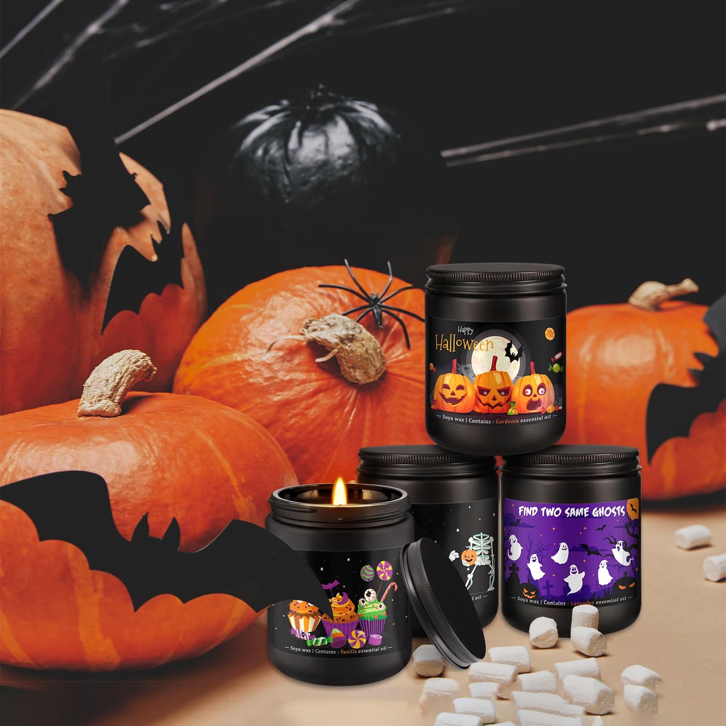 Wfmolcand Halloween Scented Candles Set, 4 Pack (7oz Each) Soy Wax Candles with Pumpkin, Ghost, Skeleton Designs, Perfect for Halloween Decor, Gifts and Aromatherapy.