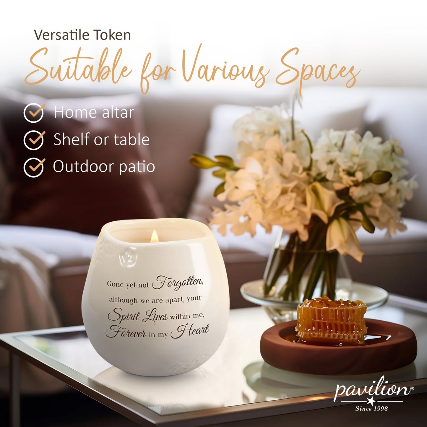 Pavilion - 8 Oz Candle Holder - White Ceramic Candle Jar with 100% Soy Wax Candle Tranquility Scent Gone Yet Not Forgotten Ideal Remembrance Gift for Love One Who Passed - Printed Text & Love Theme