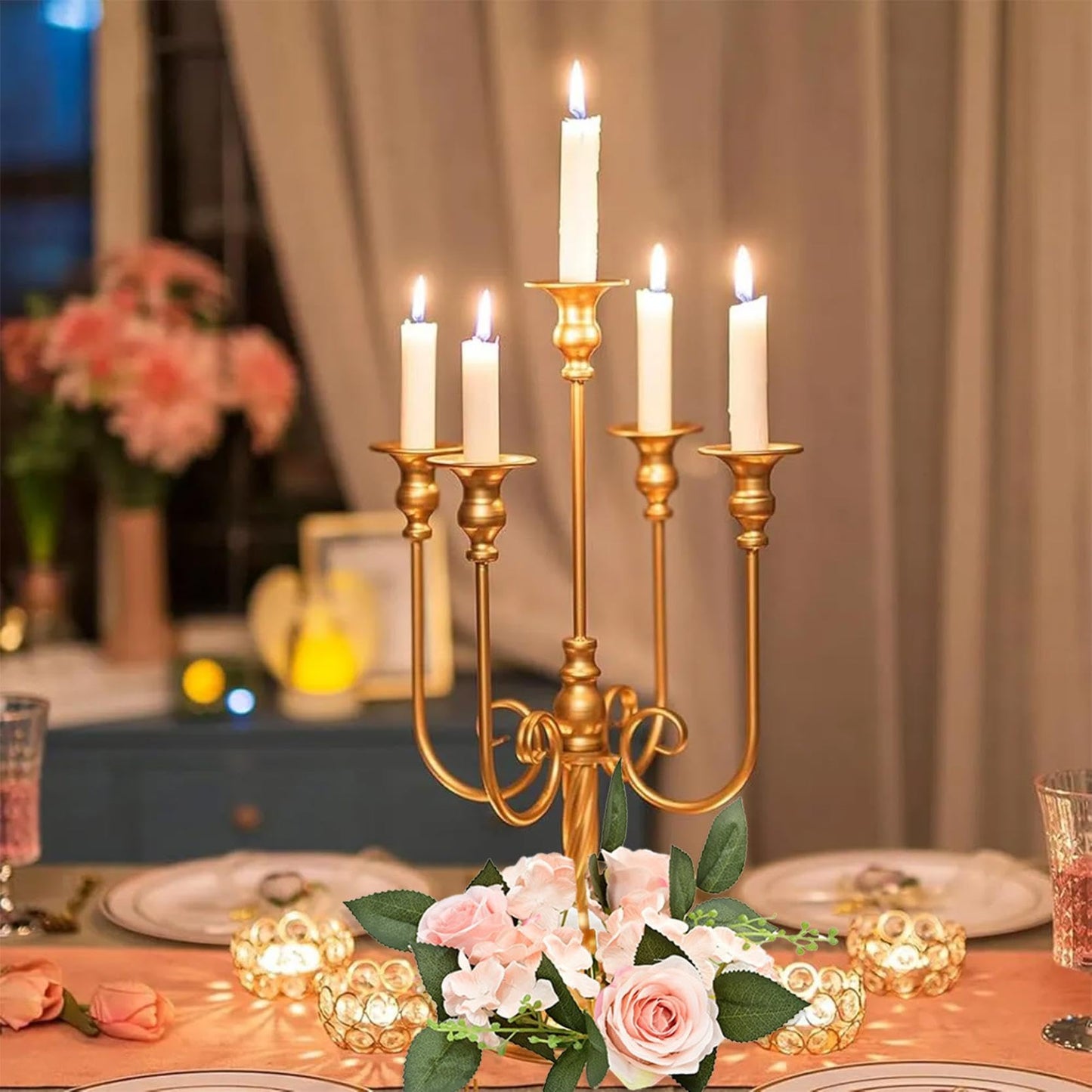 2PCS Artificial Roses Candle Rings Wreaths 4 Inch Center for Pillars Wedding Centerpiece Table Decorations Fake Rose Eucalyptus Leaves Floral Candle Ring for Holiday Party Supplies (Pink)