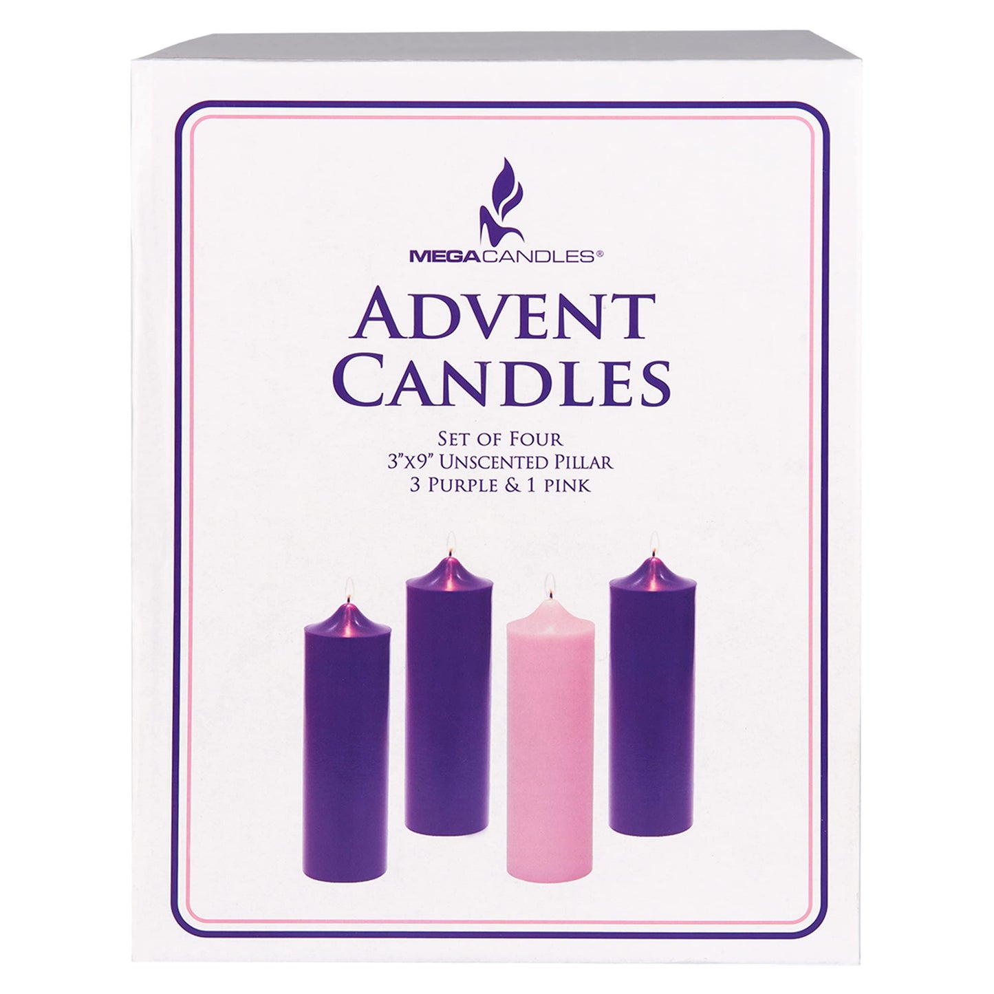 Mega Candles 4 pcs Unscented Christmas Advent Candles Set, Hand Poured Premium Wax Bell Top Round Pillar Candle 3 Inch x 9 Inch, Holidays, Festivities, Devotional, Church, Wreath, Party, Gifts