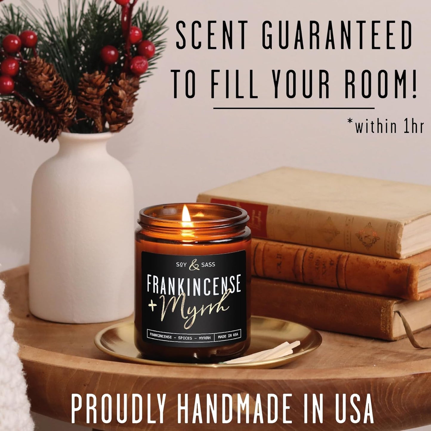 Frankincense and Myrrh Candle, Christmas Candles Scented - w/Spices, Frankincense & Myrrh - Infused with Essential Oils I Frankincense Candle I 9oz, 50Hr, Made in USA