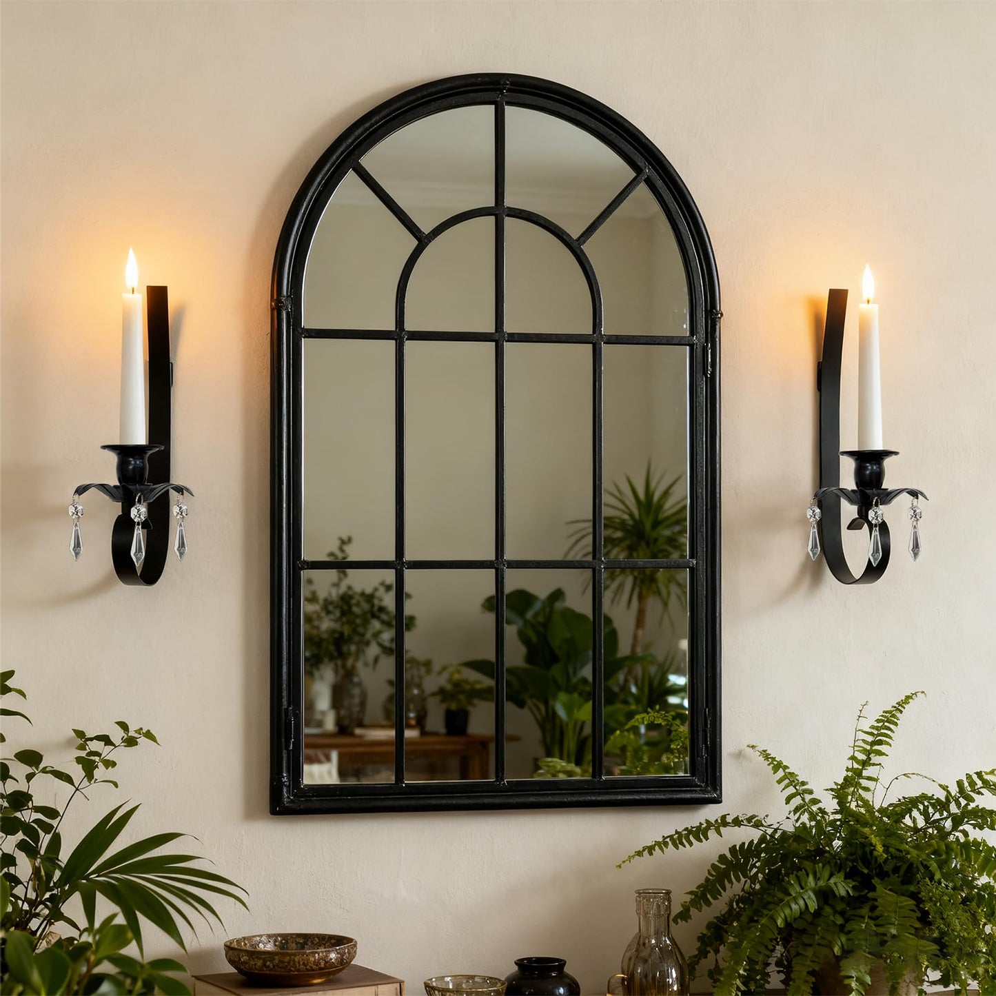 KEHAIL Set of 2 Black Metal Wall Candle Sconces with Crystal Pendant - Hanging Candle Holder for Farmhouse Fireplace, Living Room, Hallway, Stairway Decor (2, Black-A Style)