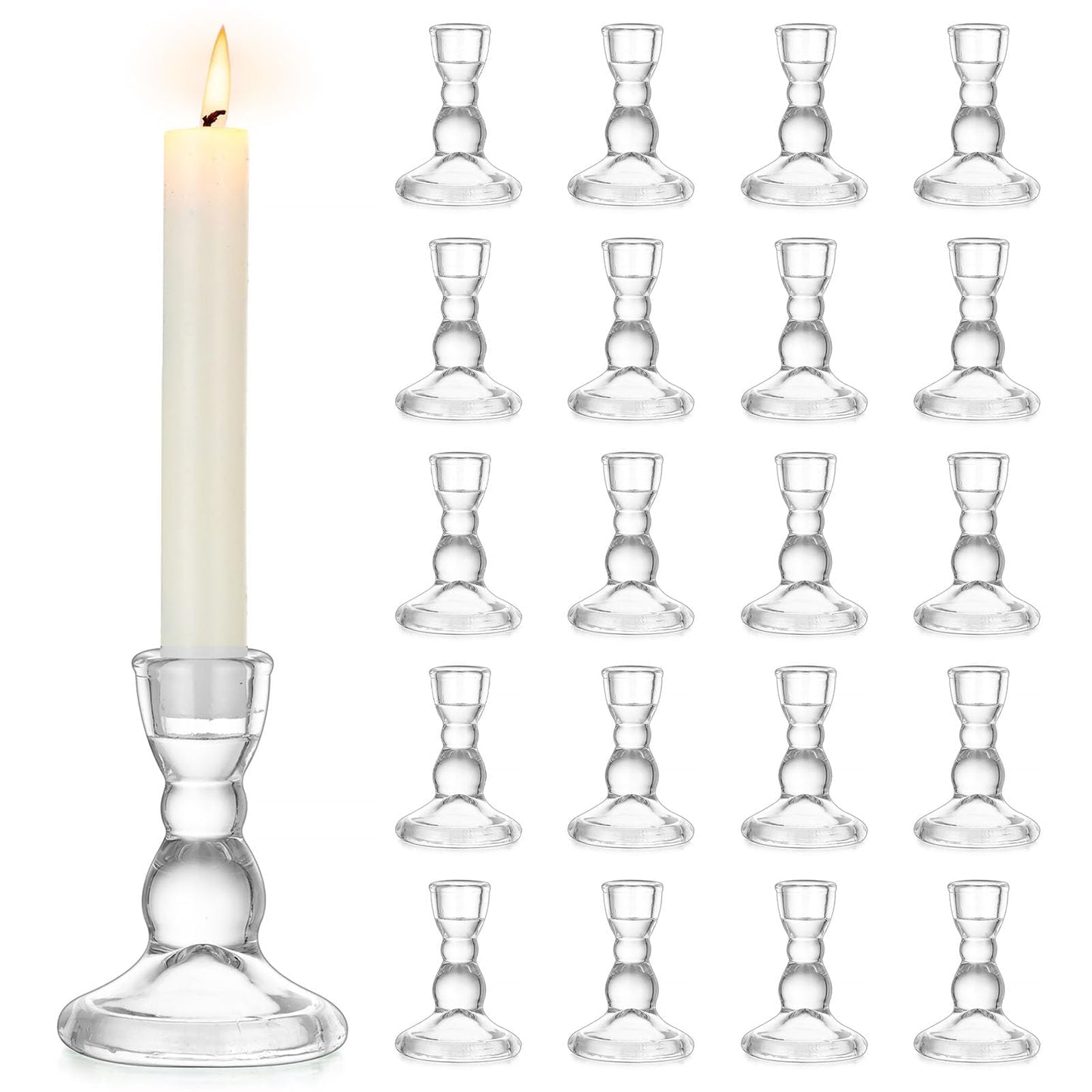 Inweder Glass Taper Candle Holders - Cute Candlestick Holders, 20Pcs Clear Candle Stick Candle Holder, Modern Tapered Candlestick Holders for Standard Candles for Wedding Christmas Home Decor