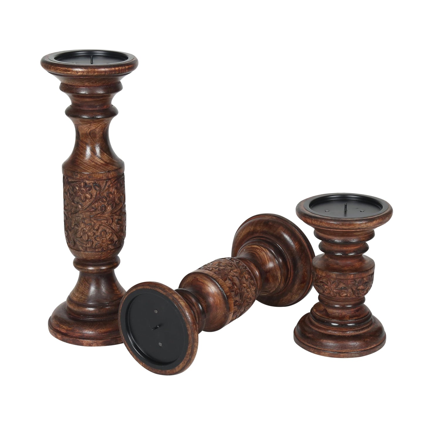 Hand Carved Wooden Pillar Candle Holders - Set of 3 |Carving Decorative Style | Crafted from Mango Wood | Rustic Table Centerpiece Decor | Sized 6", 9" and 12" - Dark Burnt