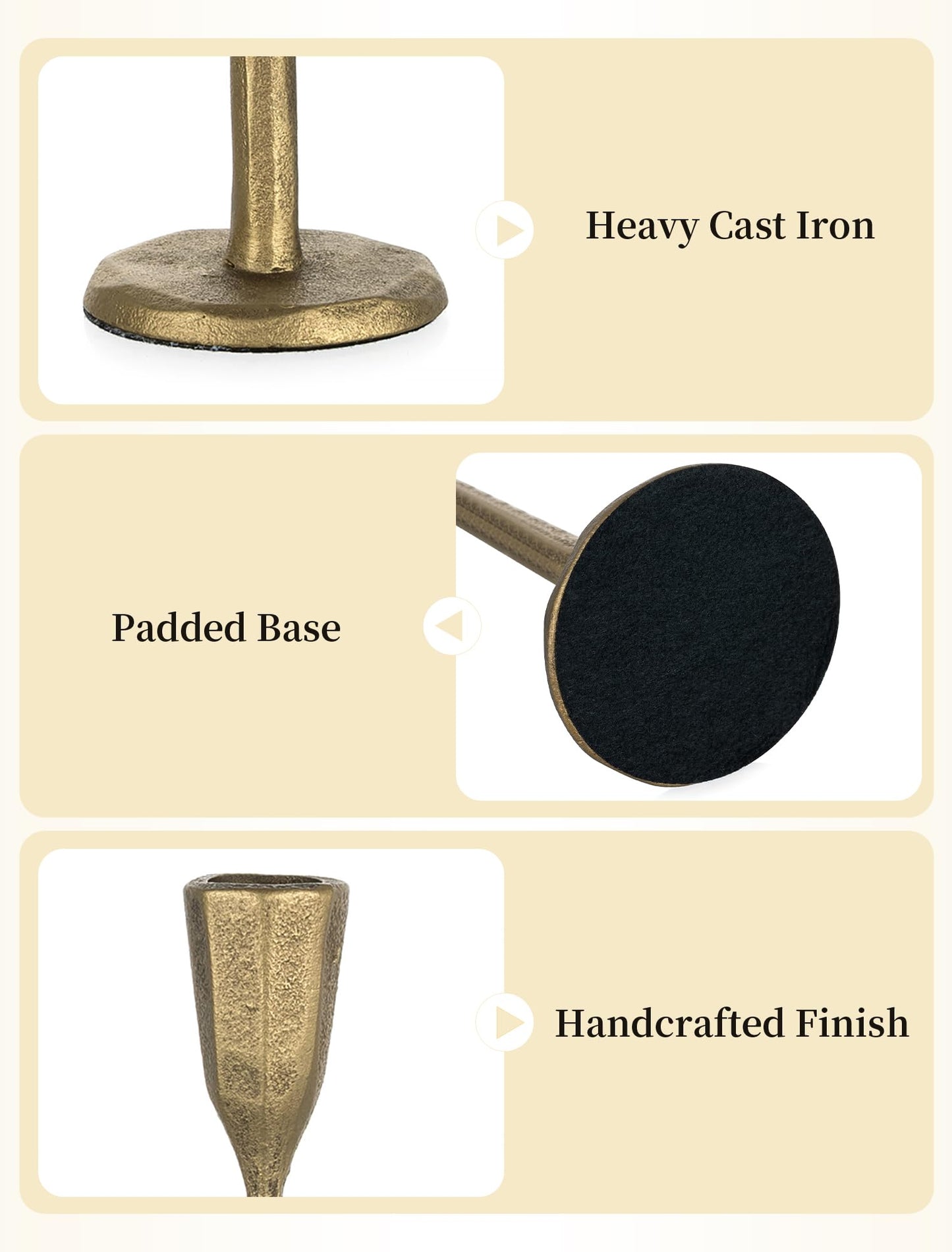Romadedi Gold Candlestick Candle Holder - Cast Iron Taper Candle Stick Holders Brass Antique Decor Tapered for Wedding Dining Table Christmas Mantel Home Decoration Set of 3