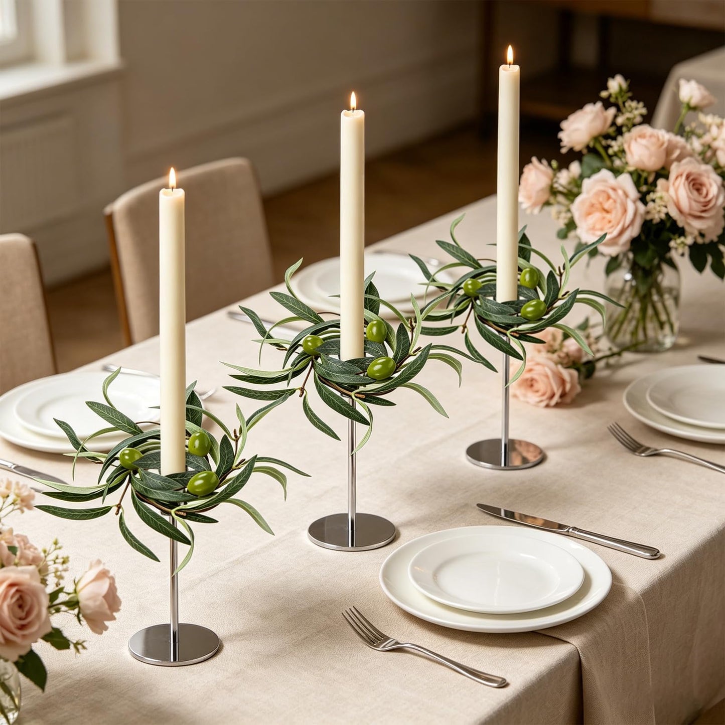 6 PCS 1.38" Mini Spring Summer Taper Candle Ring Mini Green Olive Candle Rings for Tapers Small Artificial Greenery Candle Holder Wreaths for Table Centerpieces Home Wedding Candlesticks Decor