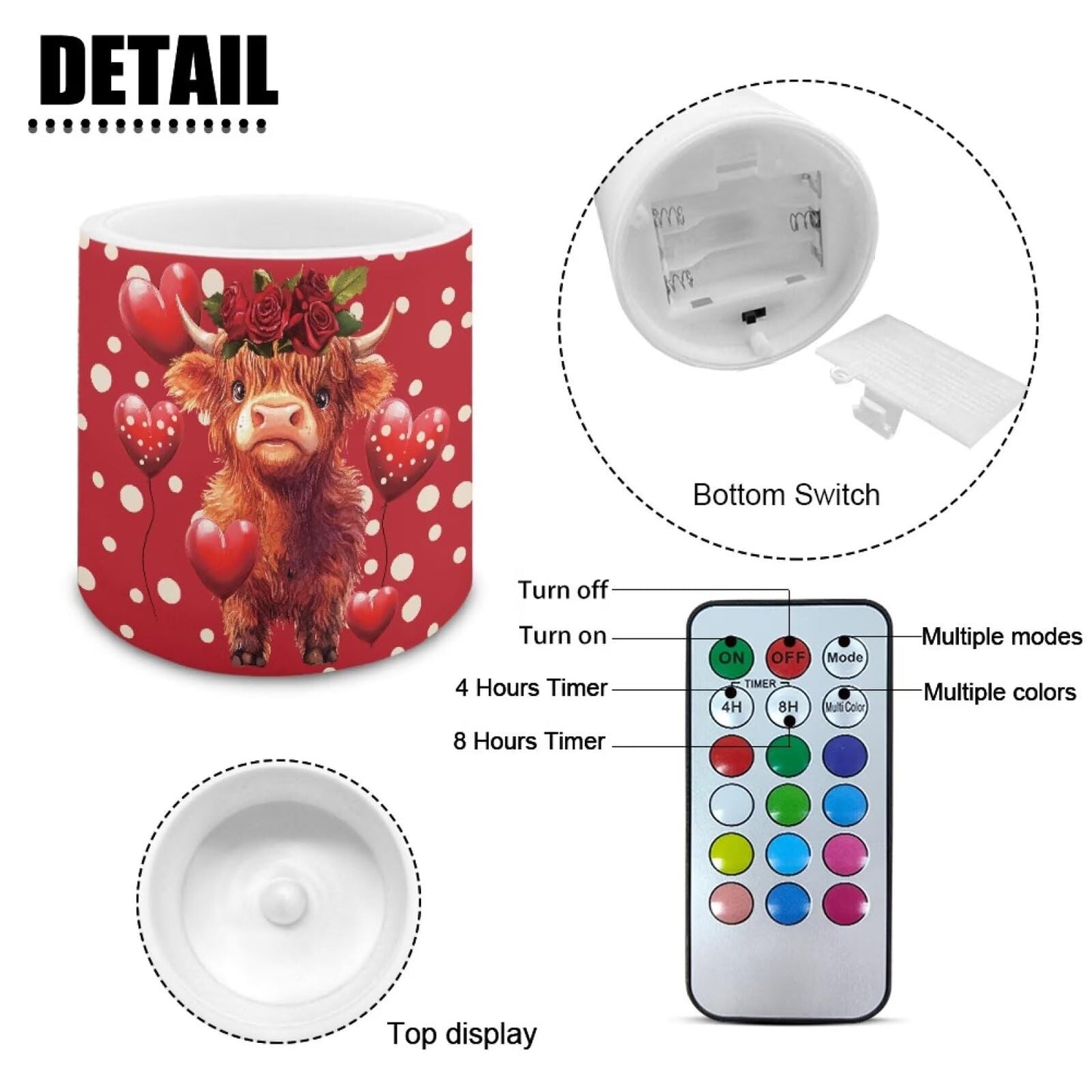 Merkmak 4 Pack Flameless Candles with Remote Battery Operated Pillar Candles with Timer Highland Cow Heart LED Elictric Tealights for Valentines Day Dining Table Decorations
