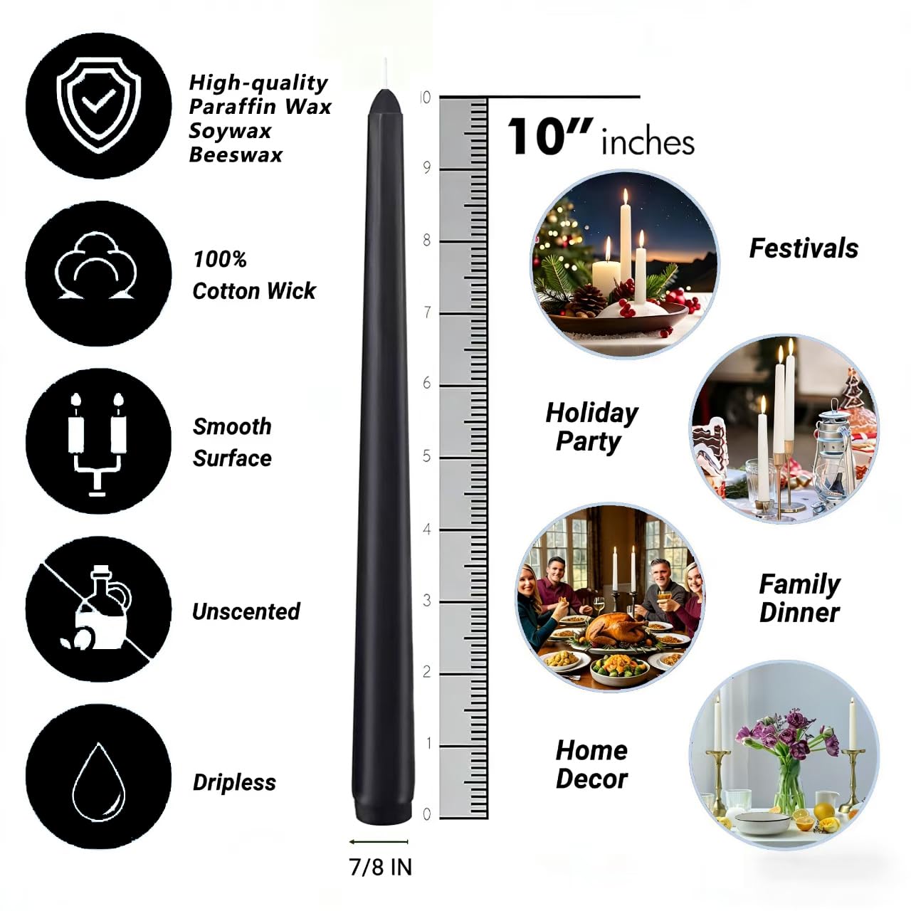 20-Pack Black Taper Candles Unscented, 10 Inch Tall Dinner Table Candlesticks for Halloween Gothic Centerpieces, Bulk Tapered Candles Long Burning Smokeless Dripless, Decorative Candle for Home Decor