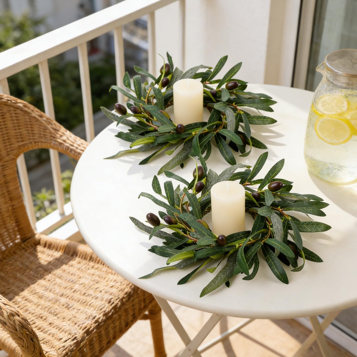 4 Pcs Artificial Green Olive Candle Rings Wreaths Greenery Wreath with Olive Leaves Spring Summer Kitchen Cabinet Wreath for Pillars Farmhouse Festival Wedding Celebrations Tabletop Decoration
