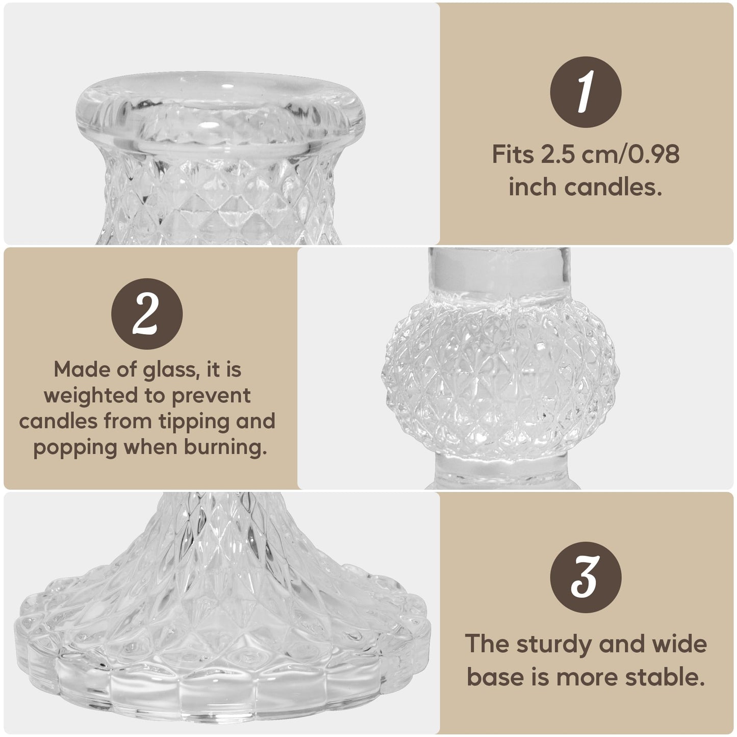 Glass Candlestick Holder Taper and Pillar Candle Holder Desktop Decoration for Wedding Dinning Party-3 Packs