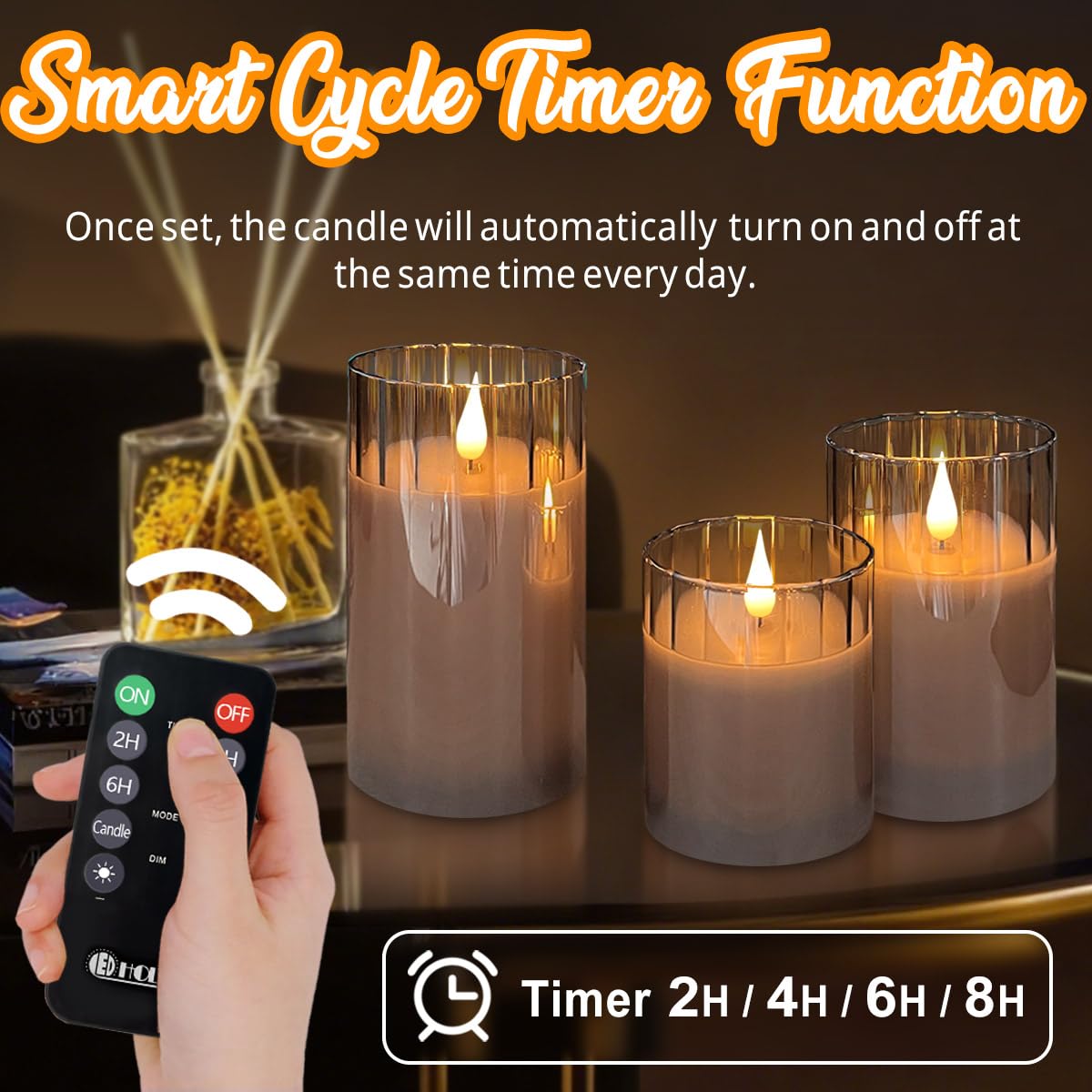 LEDHOLYT Rechargeable Flameless Candle, Flashing LED Pillar Real Wax Candle with Remote Control and Timer, Grey Stripes Glass Electronic Candles for Room Decoration, 1 Set of 3