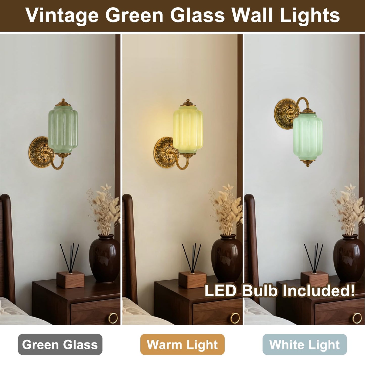 Pandaluna Vintage Wall Sconce, Green Milk Glass Light Fixture, 5.5In Art Deco Antique Wall Sconce for Bedroom Bathroom Living Room Hallway Entryway, E12 LED Bulb Included, Retro Gold & Green 2 Pack