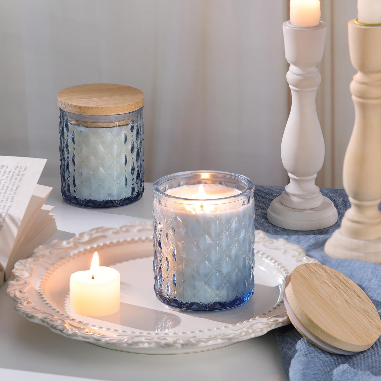 MATAHUM 8 Pack Blue Candle Jars for Making Candles, 7 OZ Empty Glass Candle Making Jars with Bamboo Lids for Candle Making Supplies, Candle Containers Vessels for Home DIY Decoration