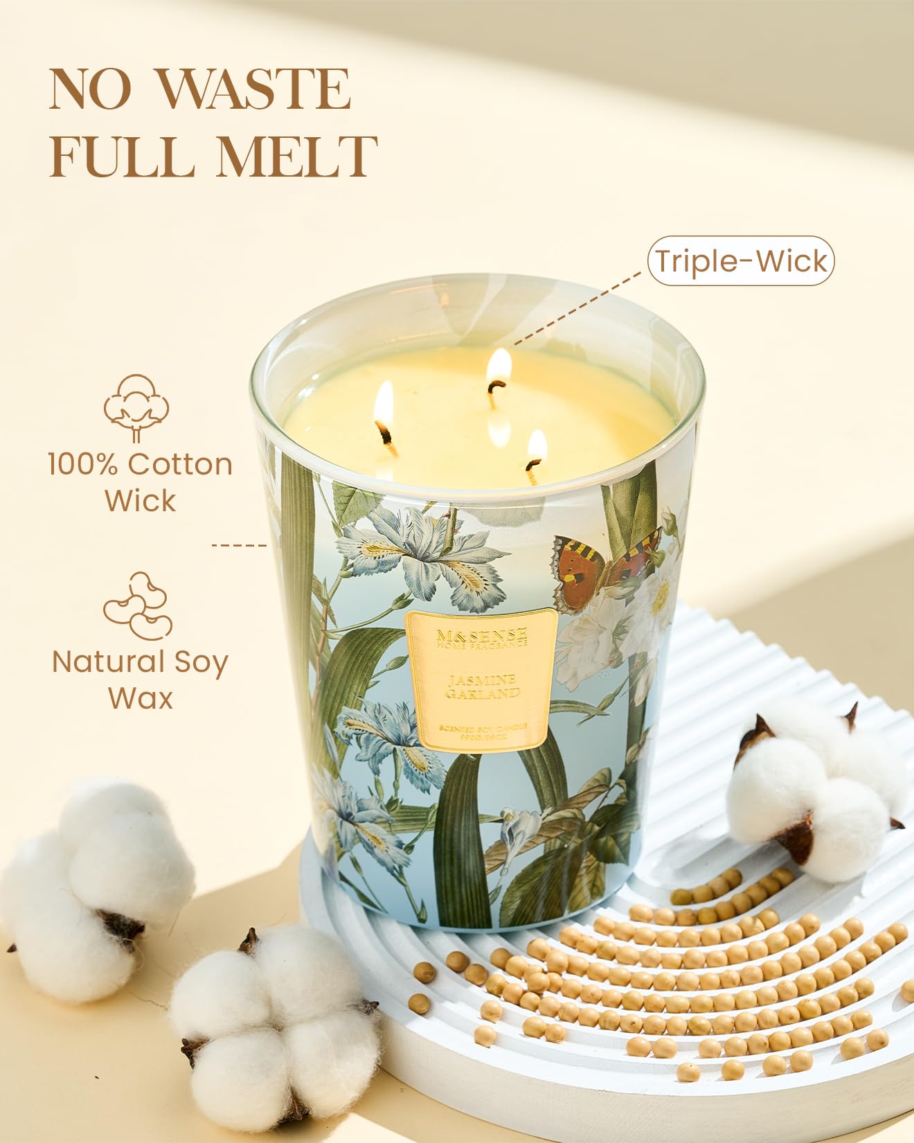 M&SENSE Jasmine Candles Highly Scented 3 Wick 35oz 150 Hours Burn Extra Large Jar Candles for Women, Natural Soy Wax Aromatherapy Candle for Stress Relief, Meditation, Yoga, Spa